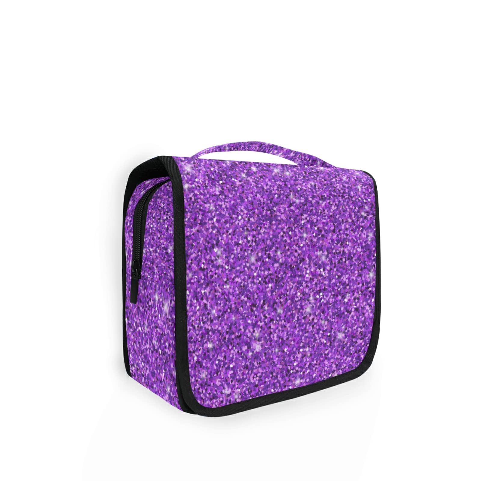 JUNZAN Purple Glitter Hanging Travel Toiletry Bag for Women & Men - Waterproof Cosmetic Organizer with Hook for Bathroom, Gym, Camping & Vacation
