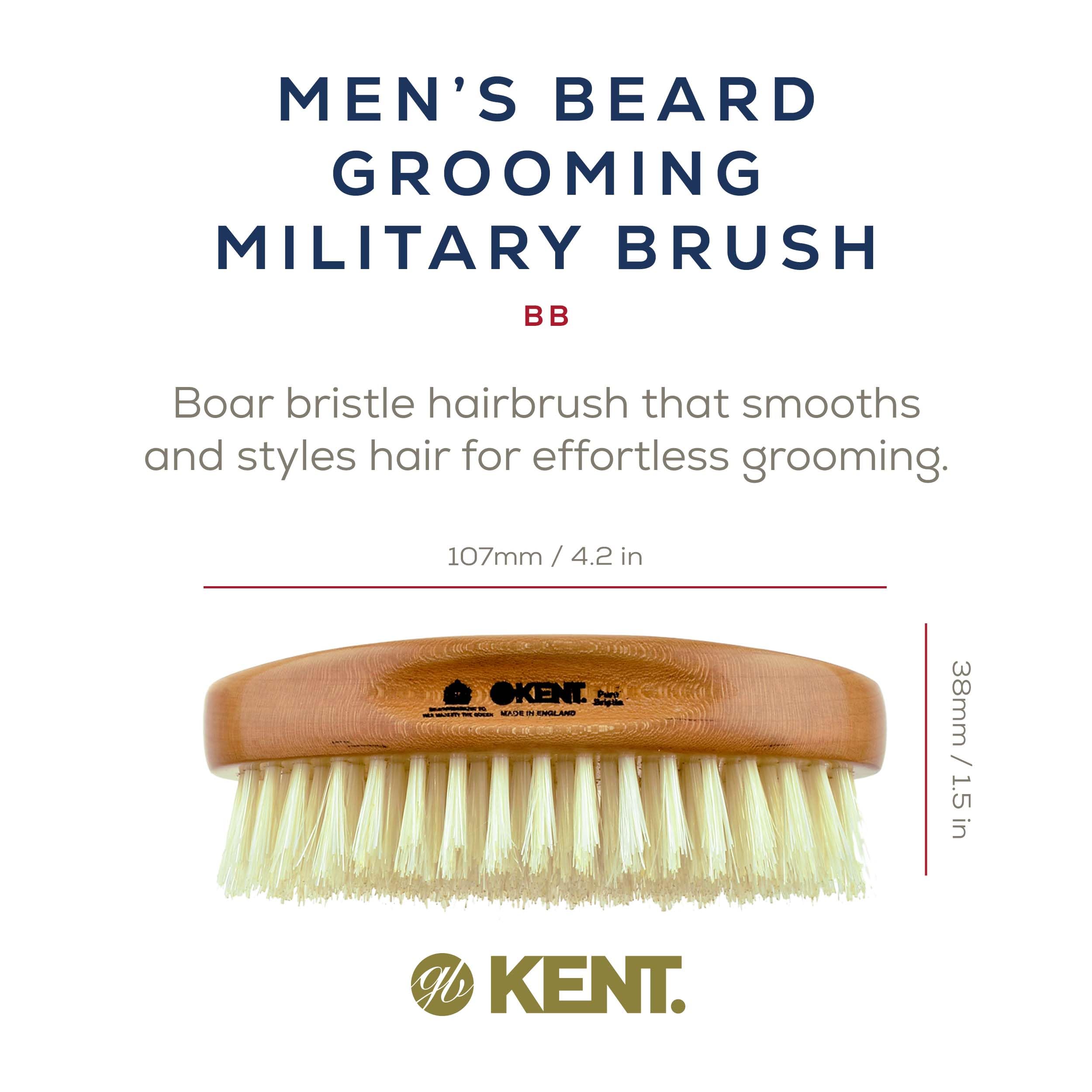 Kent BB Military Hair Brush for Men - 100% Natural Boar Bristle for Grooming, Mustache & Beard Care | Military Wave & Scalp Brush for Thinning Hair | Made in England | Perfect for Daily Styling, Salon Use & Travel