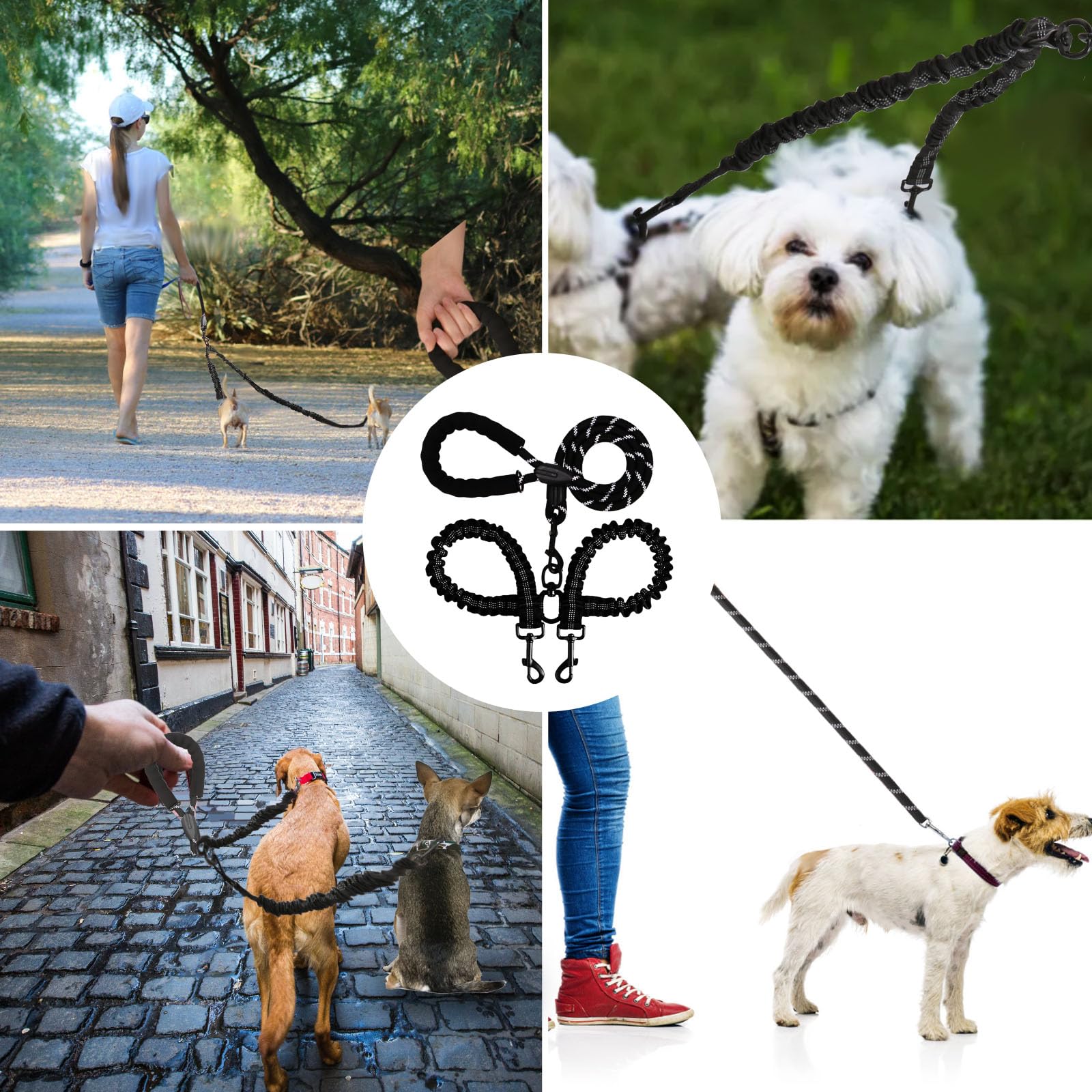 BAOBOTE Double Dog Leash - Shock Absorbing Bungee Reflective No Tangle Leash for Two Dogs with 360° Swivel (Black) | Perfect for Walking, Running & Outdoor Adventures with Your Pets