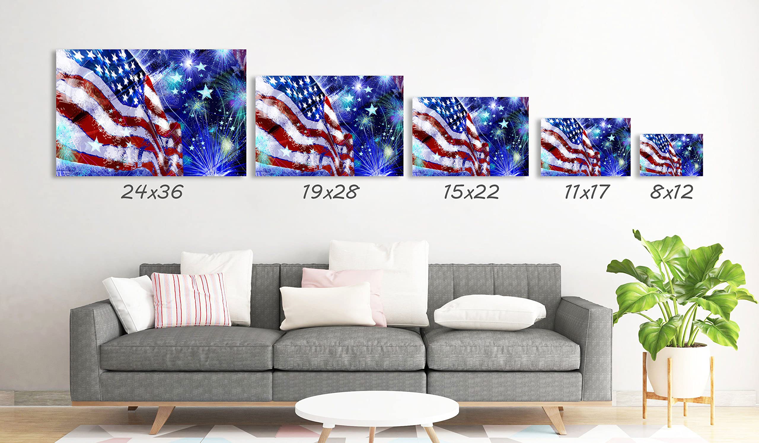 American Flag & Fireworks Canvas Wall Art - Framed Home Decor for Bedroom, Living Room, Kitchen & Bathroom - Ready to Hang 11x17 Inches - Perfect for Patriotic Holidays, Office Decor & Gift Giving