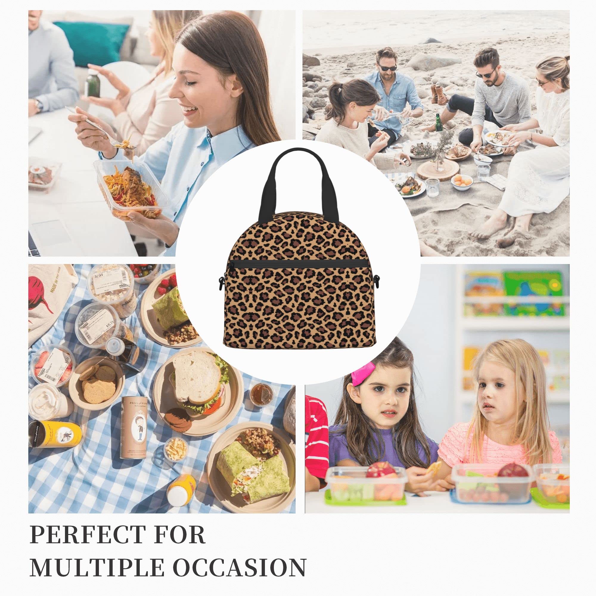 Leopard Print Insulated Lunch Bag - Reusable Cheetah Lunch Box for Kids & Adults, Leopard Cooler Tote with Shoulder Strap for School, Office, Picnic, Travel & Outdoor Activities