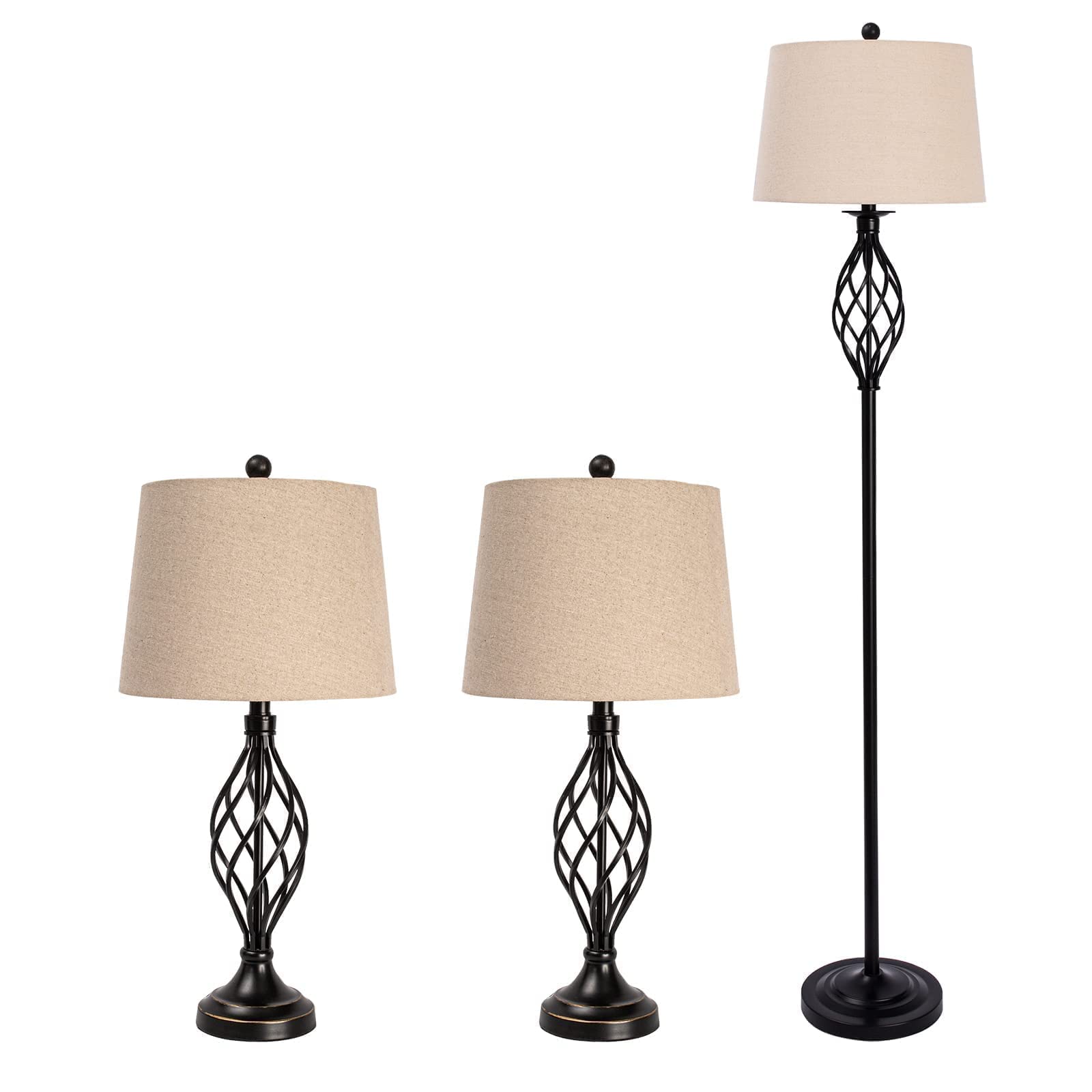 Maxax 3-Piece Farmhouse Lamp Set - Black Table & Floor Lamps with Oatmeal Fabric Shades, 3-Way Dimmable Lighting for Living Room, Bedroom & Dining Room | ETL Certified | Perfect for Cozy Evenings & Home Decor