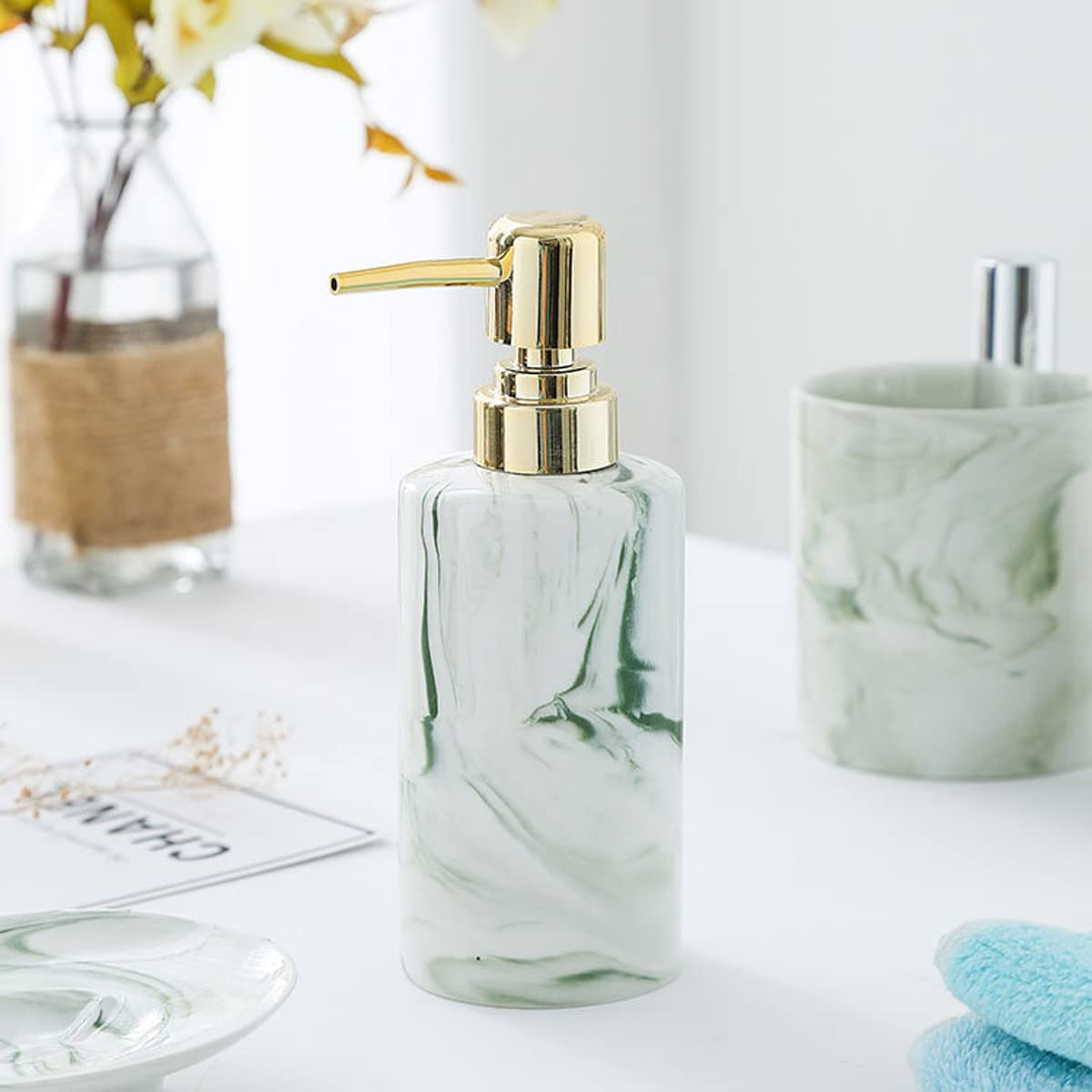 Marble Bathroom Set - Ceramic Soap Dish, Lotion Cup & Brush Holder for Vanity Sink (Green/Gray) | Home Decor
