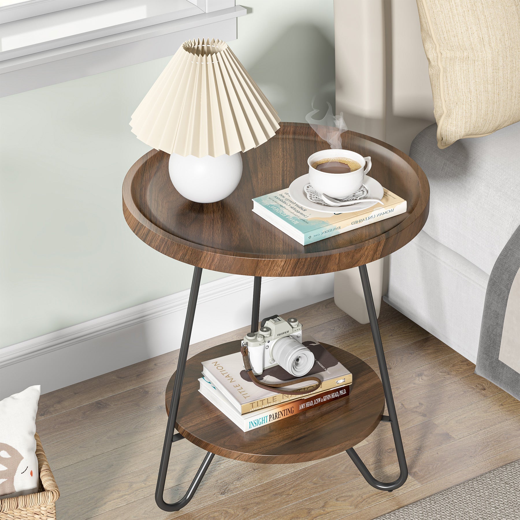 Round End Table with Metal Legs - 2 Tier Side Table for Living Room, Bedroom & Office - Modern Accent Table for Small Spaces & Home Decor