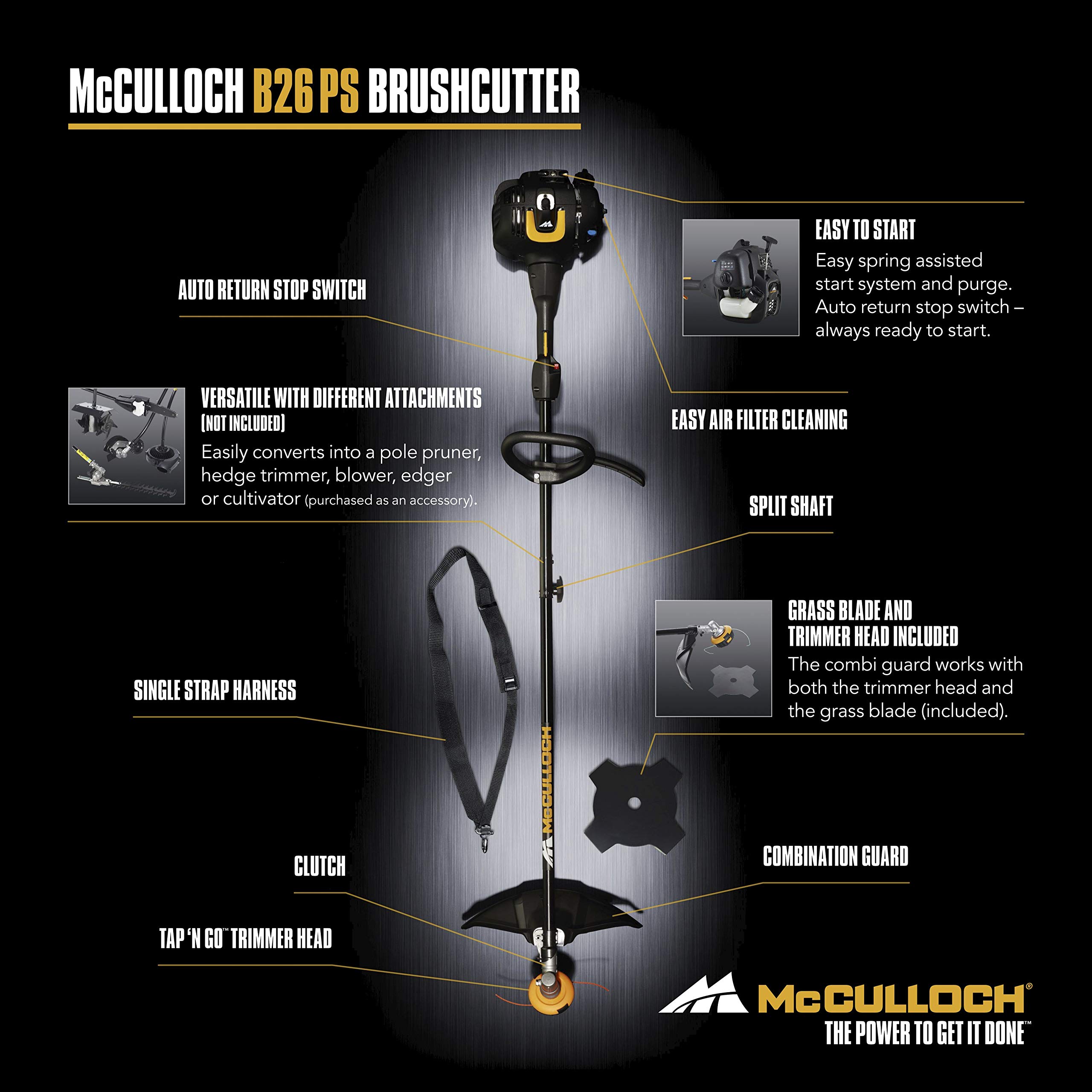 McCulloch B26PS Gas Powered Brush Cutter - 26cc 2-Cycle Engine for Heavy-Duty Yard Work & Landscaping | Ideal for Trimming Grass, Weeds & Overgrown Vegetation