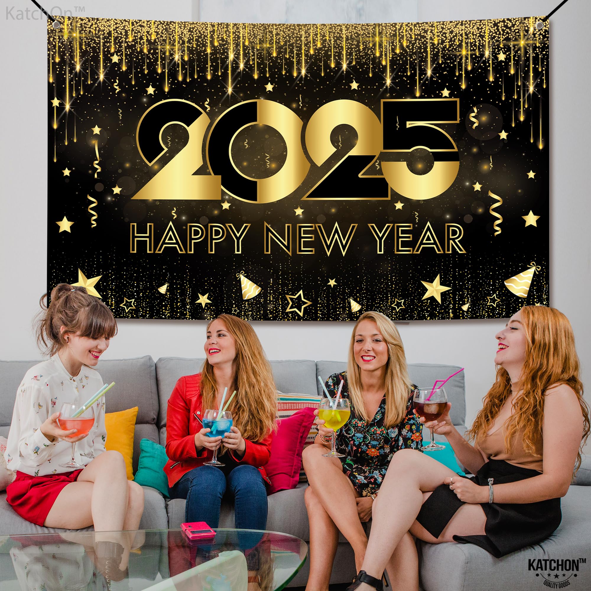 KatchOn Extra Large Happy New Year Banner - 72x44 Inch | 2025 New Year's Backdrop & Party Decorations | NYE Celebration Supplies for Home, Office & Events | Perfect for New Year's Eve Parties, Countdowns & Photo Booths