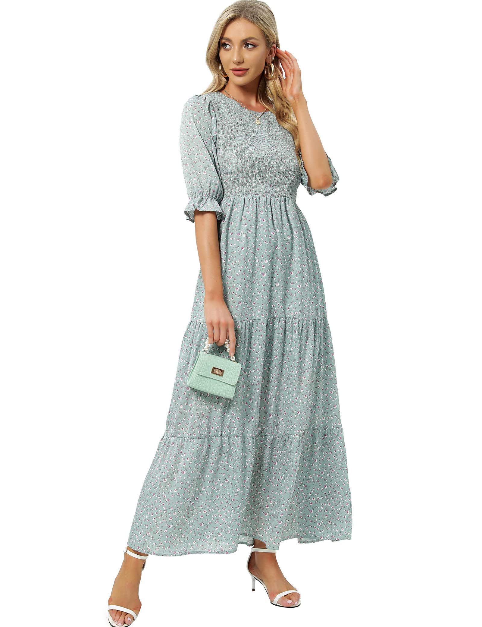 Women's Summer Casual Half Sleeve Bohemian Floral Tiered Maxi Dress - Perfect for Beach Vacations, Music Festivals & Boho Chic Outfits