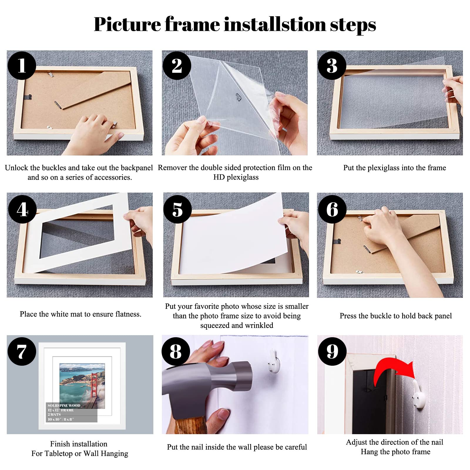 12x12 Wood Picture Frames - Wall or Tabletop Display for 8x8/10x10 Photos - Perfect for Home Decor, Weddings & Gifts