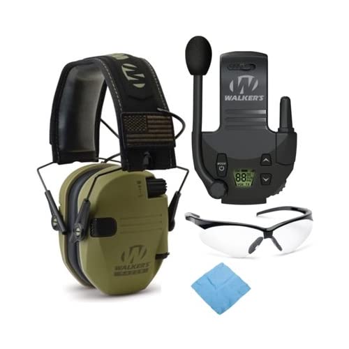 Walker's Razor Slim Shooting Earmuffs - Noise Cancelling Hearing Protection with Walkie Talkie & Safety Glasses Bundle for Hunting, Range Shooting & Outdoor Activities