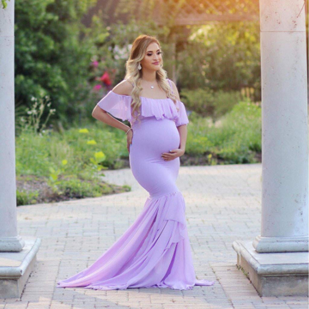 Elegant Off Shoulder Ruffle Sleeves Maternity Dress for Women - Photoshoot, Baby Shower & Special Occasions | Comfortable Fitted Pregnancy Dress for Expecting Mothers