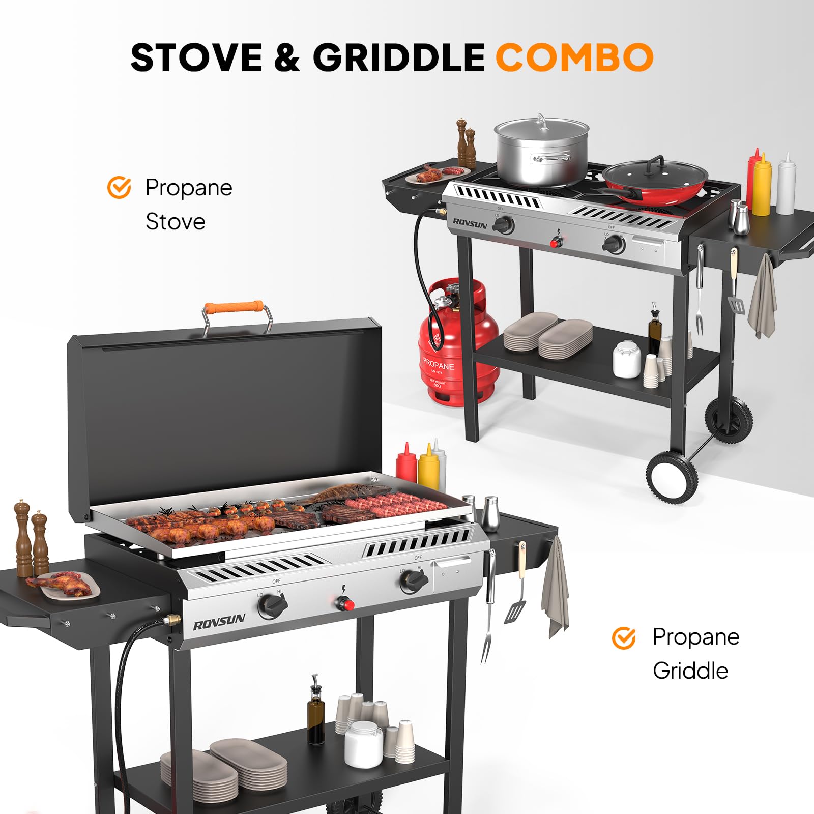 ROVSUN 150,000 BTU 2-Burner Outdoor Propane Gas Stove with Griddle - Auto-Ignition, Regulator & Side Shelves - Powerful Portable Stand Cooker for Backyard BBQ, Camping, Tailgating, Home Brewing, Canning, Frying and Grilling