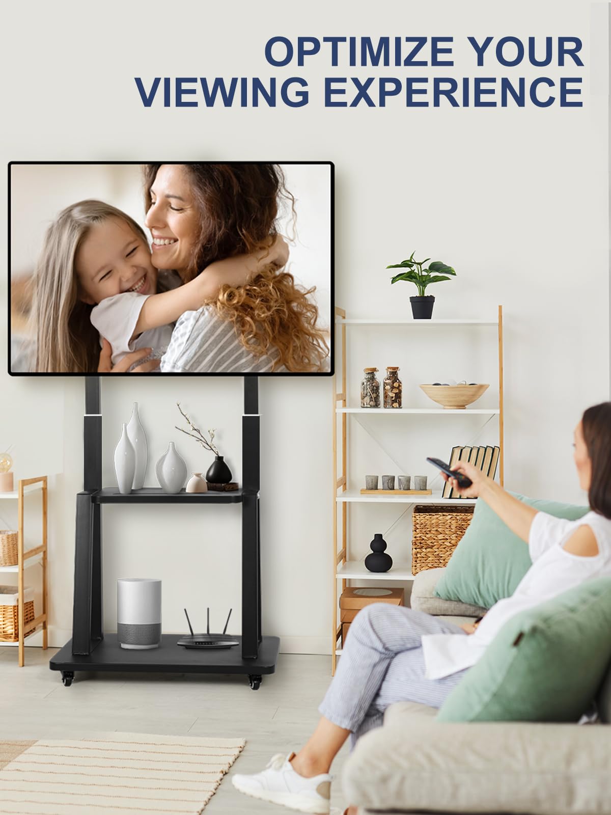 Heavy Duty Rolling TV Stand with Wheels for 42-86 Inch Flat/Curved Screens - Adjustable Height Mobile TV Cart with Laptop/DVD Shelf (Supports 176lbs) - Perfect for Living Rooms, Bedrooms & Home Theaters