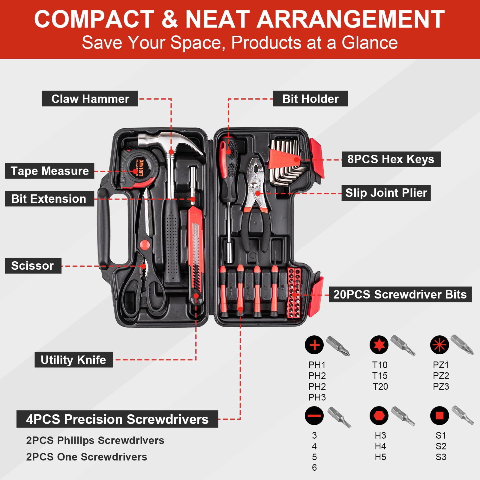 39-Piece All-Purpose Home Repair Tool Kit - Essential Household & Apartment Tool Set for Men, College Dorm, DIY Projects | Portable Hand Tools for Plumbing, Furniture Assembly, Car Maintenance & More