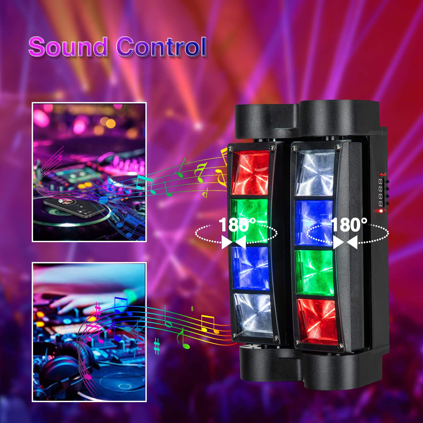Lunsy 8x10W RGBW DMX-512 Spider Moving Head DJ Lights - Sound Activated Strobe Beam Lighting for Disco, Stage, Christmas Parties, Weddings & Events (2 Pack) | Perfect for Nightclubs, Concerts, and Home Entertainment