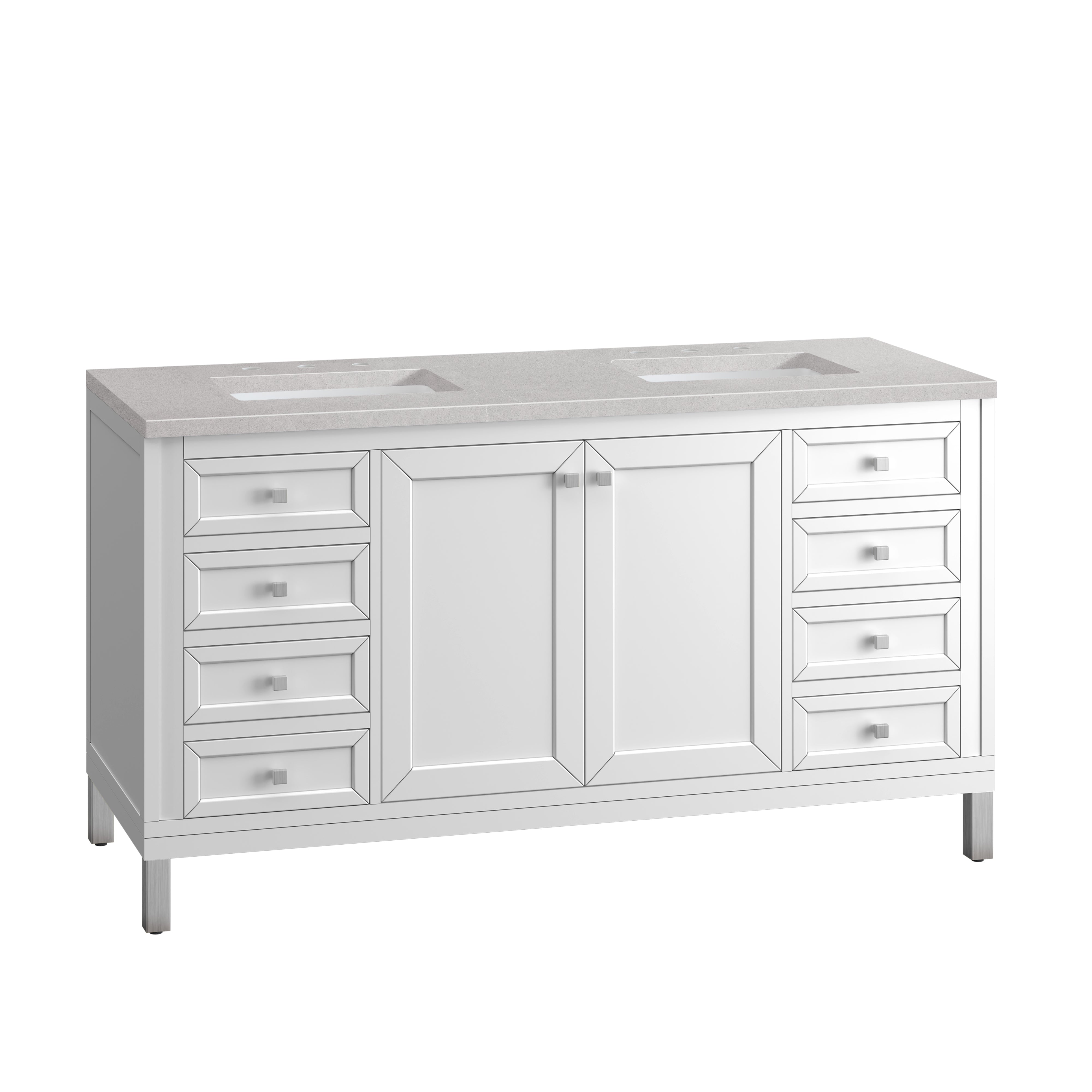 Chicago 60 Inch Double Bathroom Vanity with Glossy White Finish & 3CM Eternal Serena Quartz Countertop - Perfect for Modern Master Bathrooms and Luxury Home Renovations