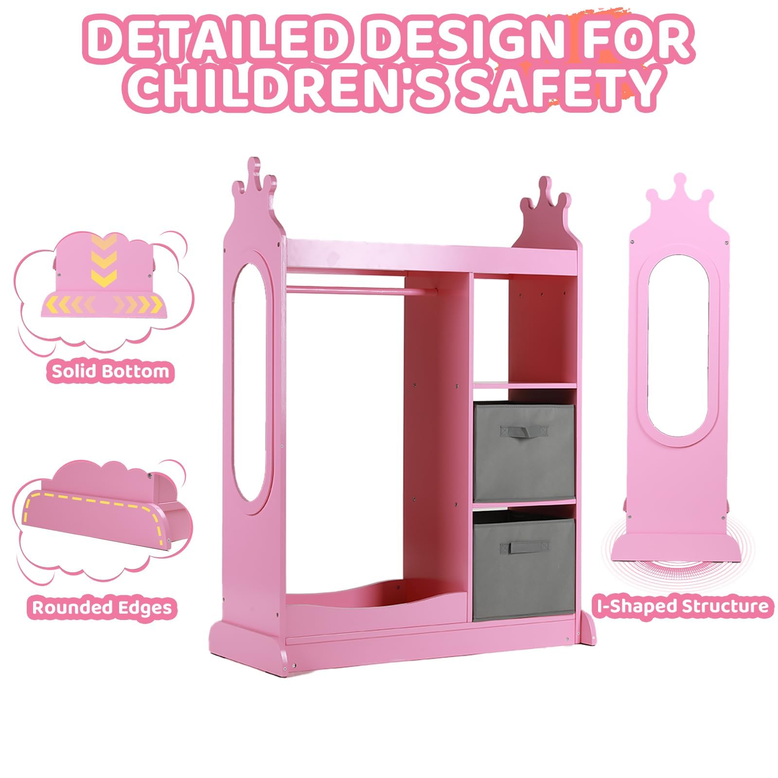 KIDINIX Kids Wardrobe with Mirror - 3-Tier Storage Shelf, 2 Fabric Bins & Shoe Rack | Pink Open Dress Up Armoire for Coats, Dance Costumes, Hats & Shoes | Perfect for Bedroom Organization & Pretend Play