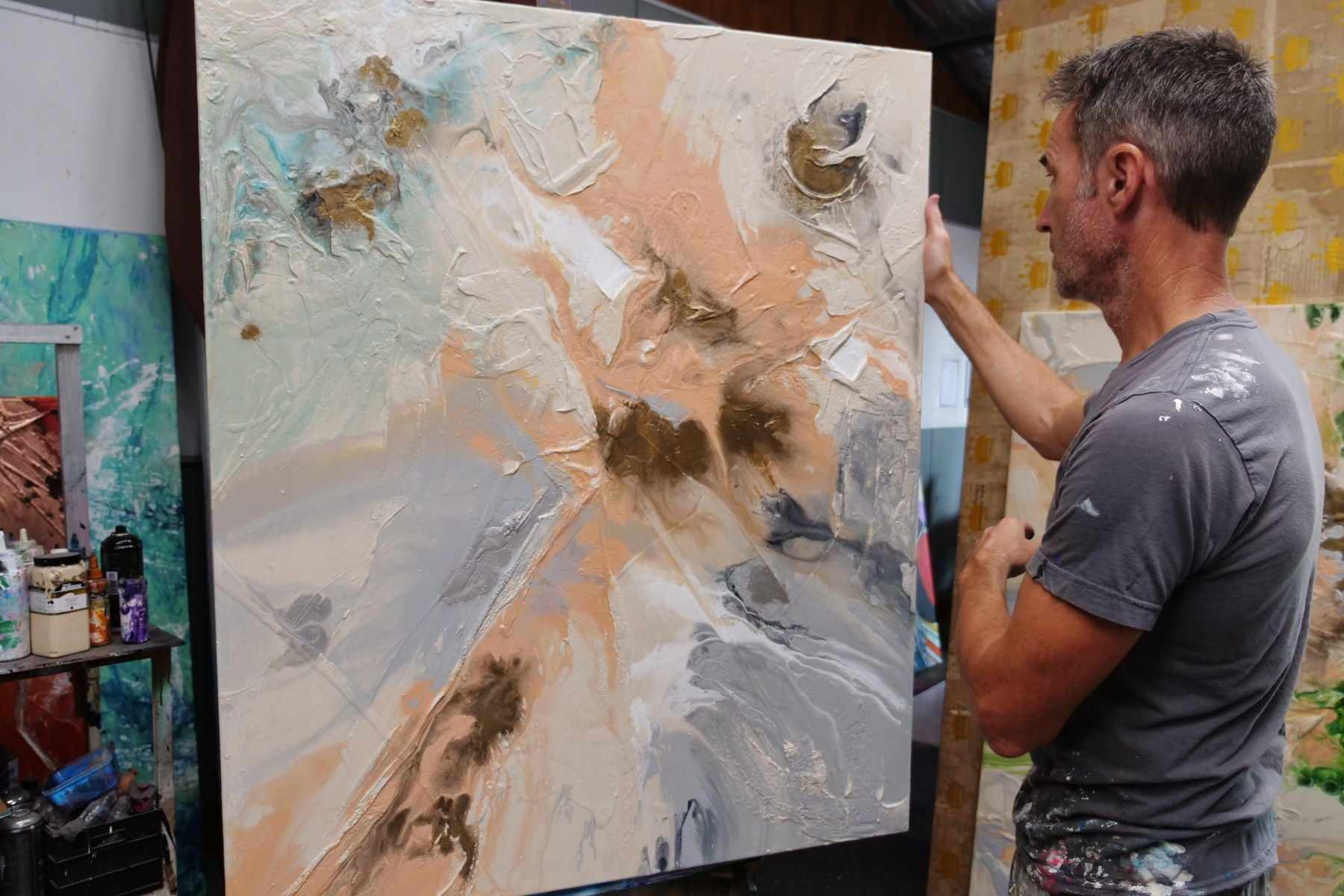 Modern Abstract Textured Painting - Nude Silver, Grey, Pink, Bronze - 47