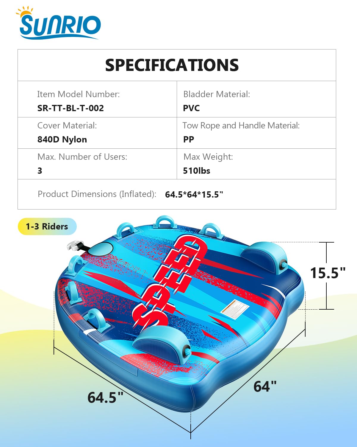 **Heavy Duty Inflatable Towable Tube for Boating - 1-3 Riders, Speed Water Sport Tube with Zippered Nylon Cover, Bolster Fins & Safety Air Valve - Perfect for Lake, River & Ocean Fun**