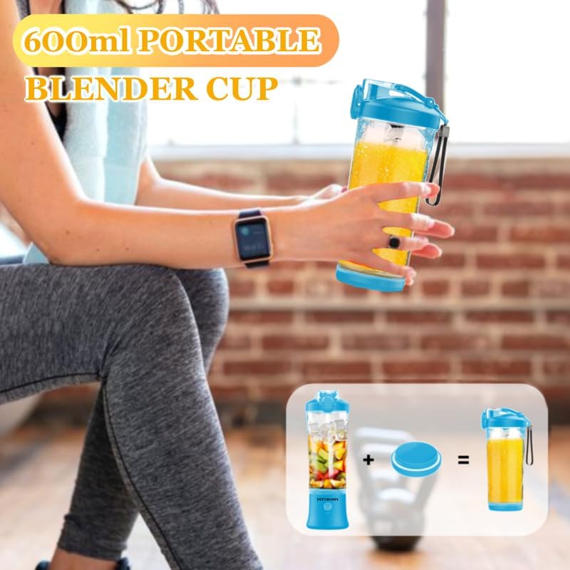 WIZTRONIX 21oz Portable Blender - Cordless, BPA-Free, USB-C Rechargeable with Stainless Steel Blades - Perfect for Smoothies, Protein Shakes & Cocktails On The Go, Gym, Office & Travel - Blue Personal Blender Cup Included