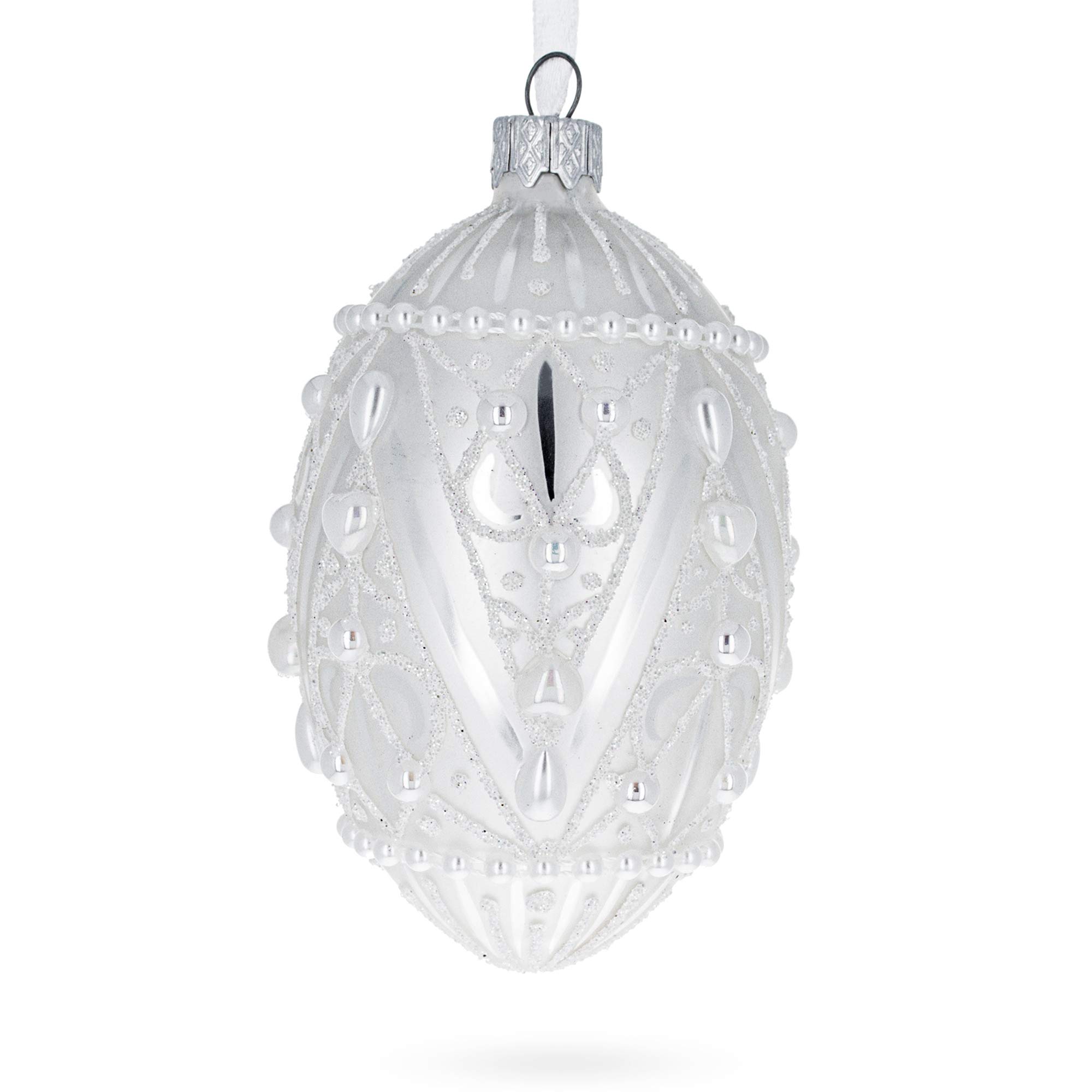 4 Inch White Glass Pearlized Drops Christmas Ornament - Elegant Holiday Tree Decor for Xmas, Winter, Wedding & Home Decoration