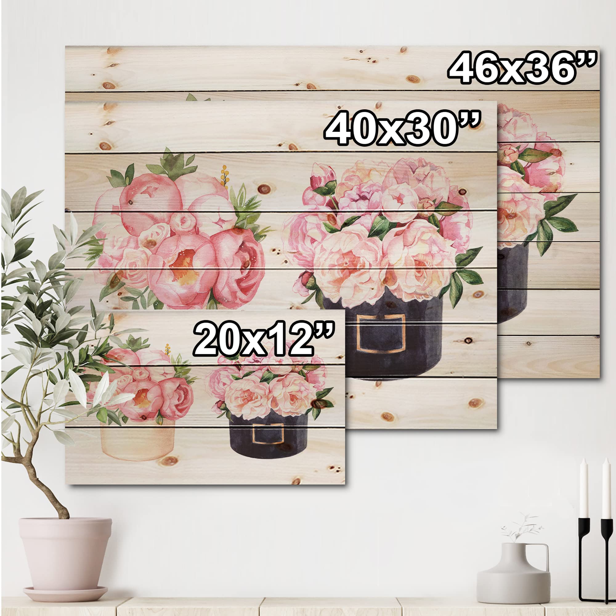 Farmhouse Floral Wall Decor - Large Peonies and Roses Wood Wall Art Panel, Pink Floral Print on Natural Pine Wood - Perfect for Living Room, Bedroom, or Farmhouse Style Home Decor