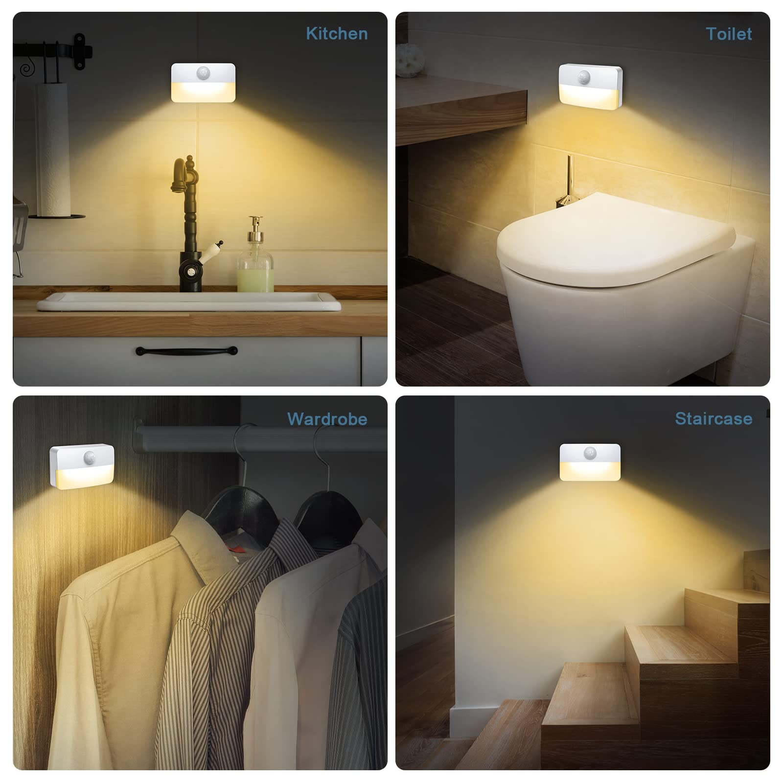 Mini Motion Sensor LED Night Light - Battery Powered Wall & Closet Light for Stairs, Hallway, Cabinet - Warm White (4 Pack) - Perfect for Bedrooms, Bathrooms & Dark Spaces