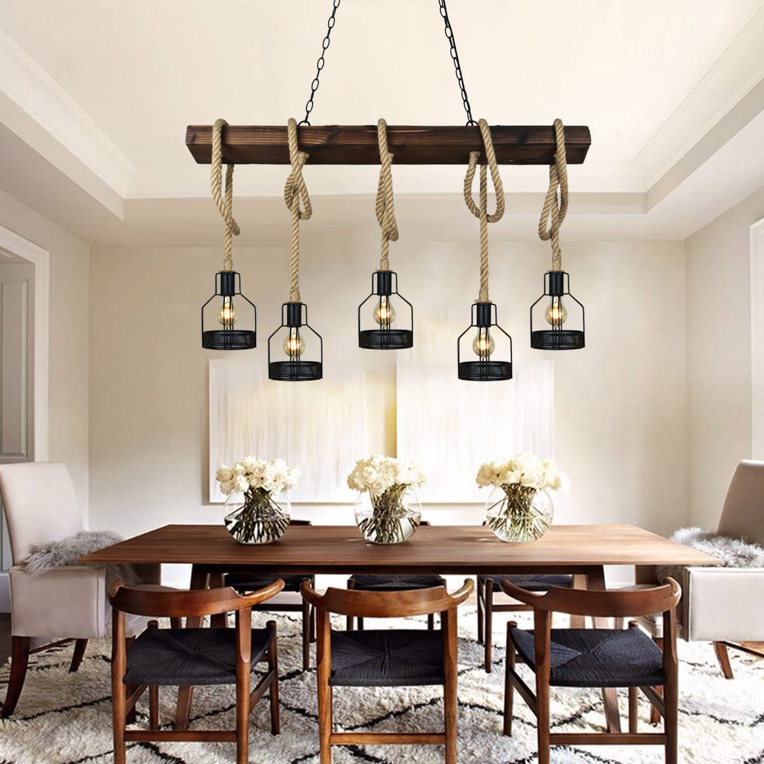 Farmhouse Pendant Lights for Kitchen Island - Rustic Dining Room Ceiling Fixture with 5 E26 Bulb Sockets - Black Metal & Wood Beam Chandelier - Perfect for Farmhouse, Industrial & Modern Kitchens