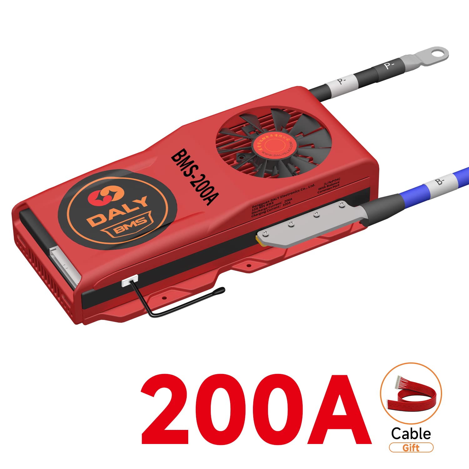 48V 200A DALY BMS for LiFePO4 Battery - 15S PCB Protection Board with Cooling Fan & Balance Wires - Compatible with 18650 3.2V Cells - Perfect for Solar Energy Storage, RV & Marine Battery Packs