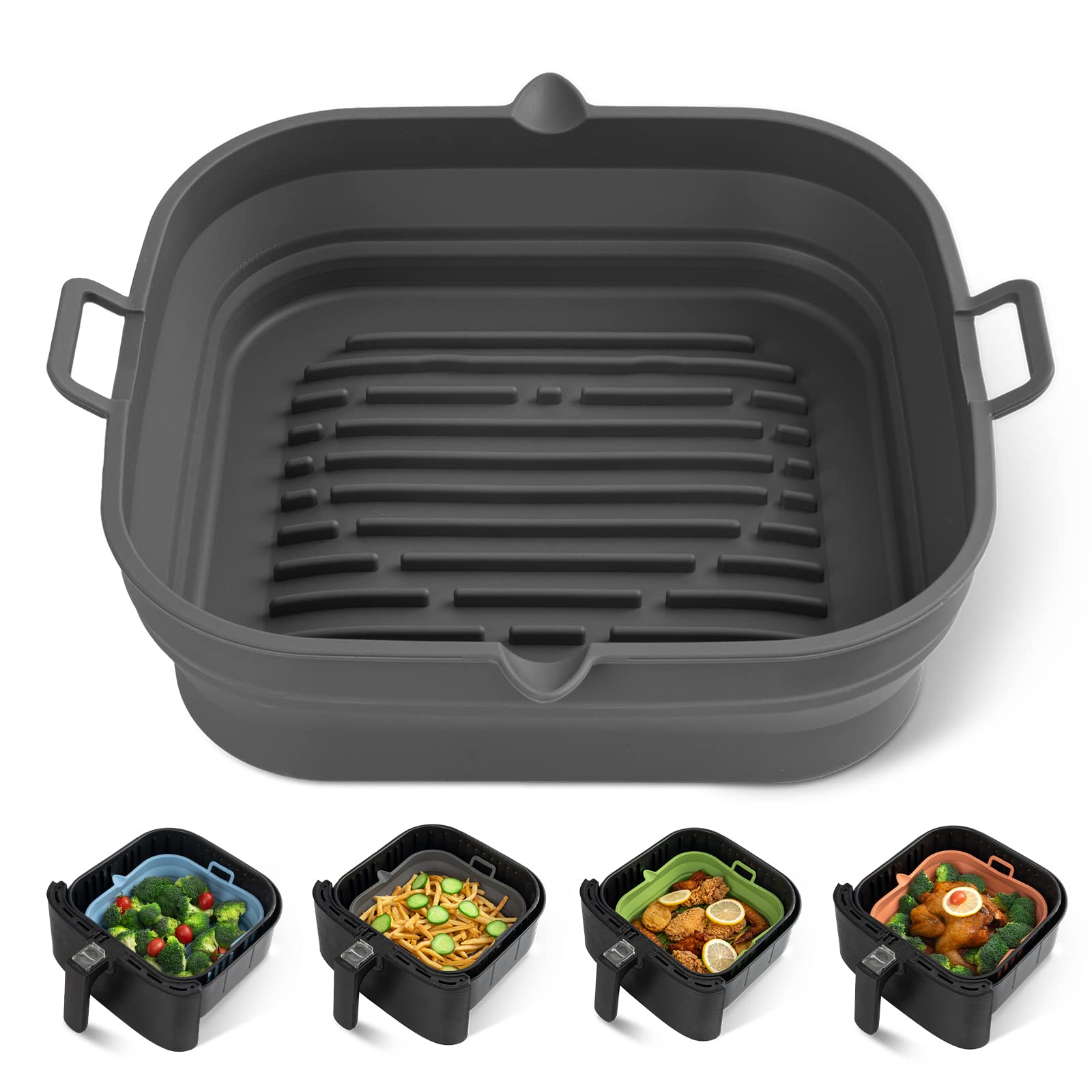 Reusable 8.5 Inch Square Silicone Air Fryer Liners & Basket - Non-Stick Baking Tray for 5.8 to 8 Qt Air Fryers & Ovens - Easy to Clean Kitchen Accessories - Perfect for Healthy Cooking, Meal Prep & Family Dinners