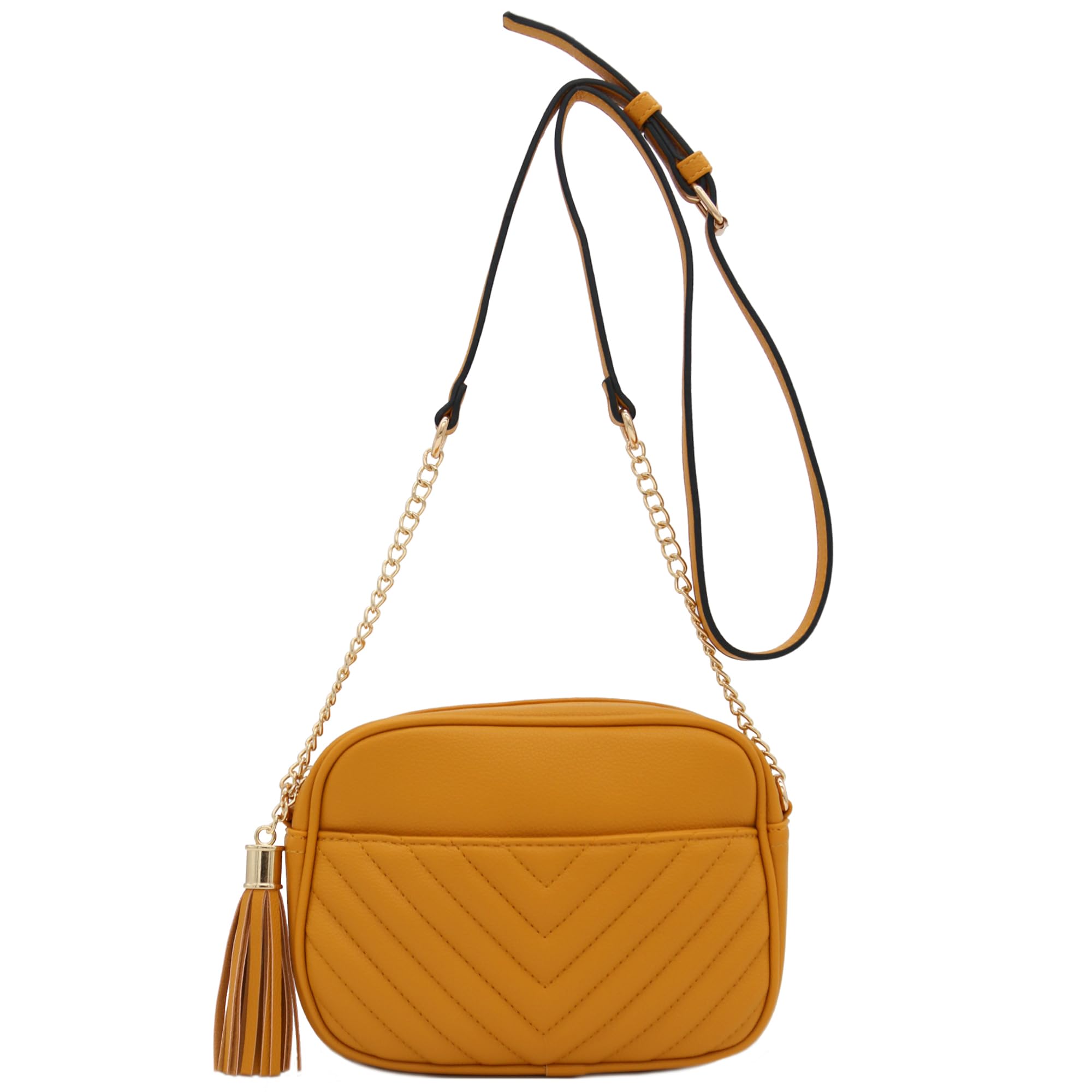 FashionPuzzle Chevron Quilted Crossbody Camera Bag with Adjustable Chain Strap & Tassel - Stylish Women's Purse for Travel, Photography & Everyday Use