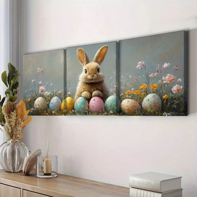 3pcs Adorable Easter Bunny with Eggs Wall Art Set - Framed Canvas 40x60cm - High Quality Print - 100% Australian Made - Ready to Hang - Perfect for Easter Home Decor & Spring Wall Decoration