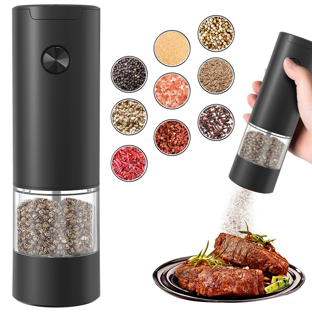 Premium Electric Salt and Pepper Grinder Set - Adjustable Coarseness, Battery Powered with LED Light - One-Handed Operation, Easy to Clean - Perfect for Kitchen, Dining Table, Camping & Gifts (Black, 1 Pack)