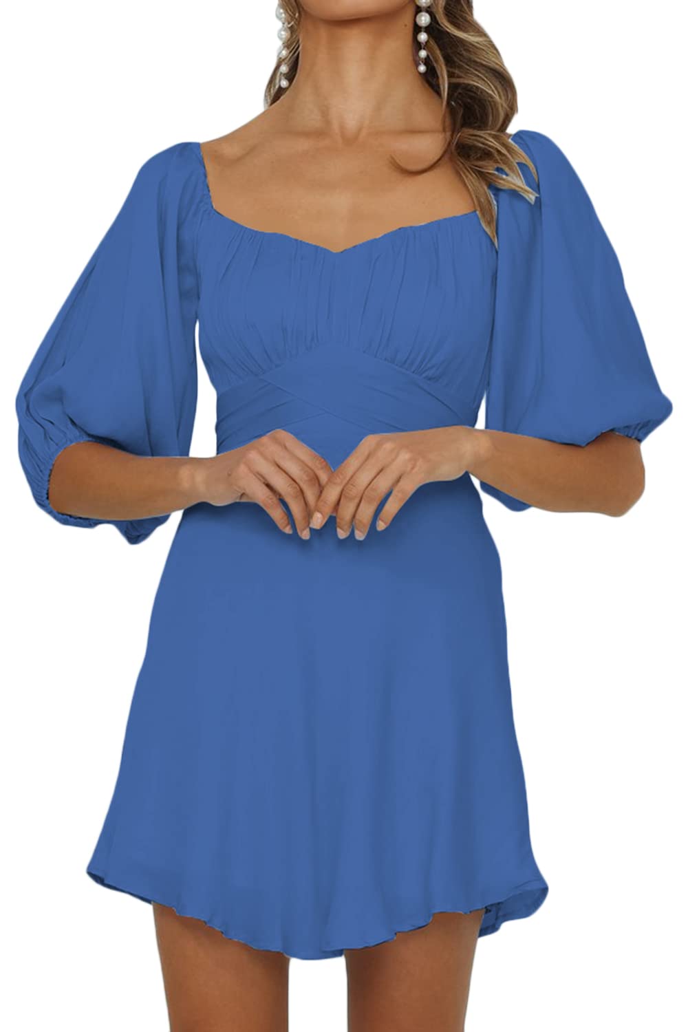 Haloon Women's Sexy Off Shoulder Balloon Sleeve Tie Back Satin Mini Dress - Perfect for Date Night, Cocktail Parties & Summer Vacations