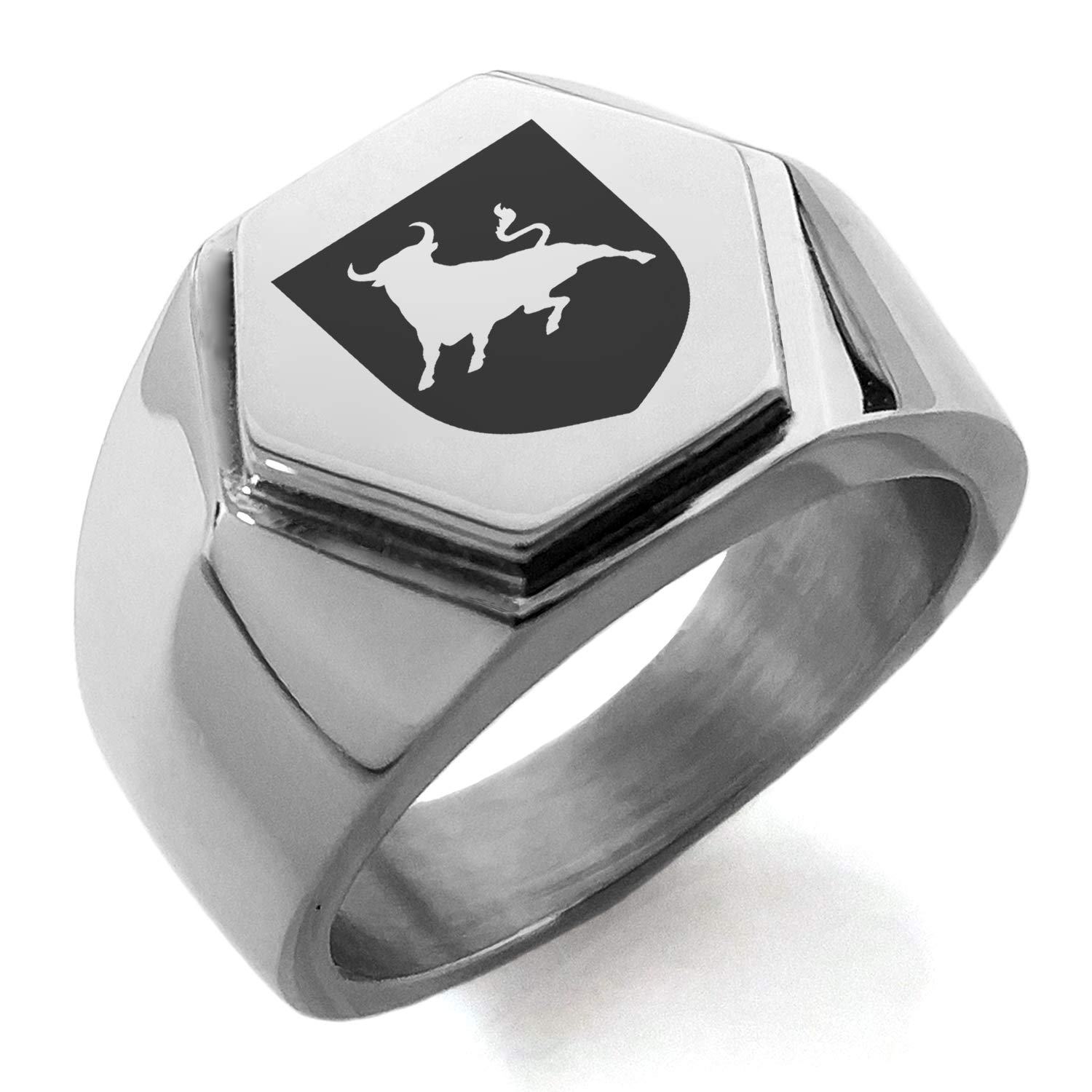 Stainless Steel Bull Bravery Coat of Arms Shield Hexagon Crest Flat Top Biker Style Polished Ring for Men - Symbol of Strength & Courage - Perfect for Motorcycle Enthusiasts, Gifts & Everyday Wear