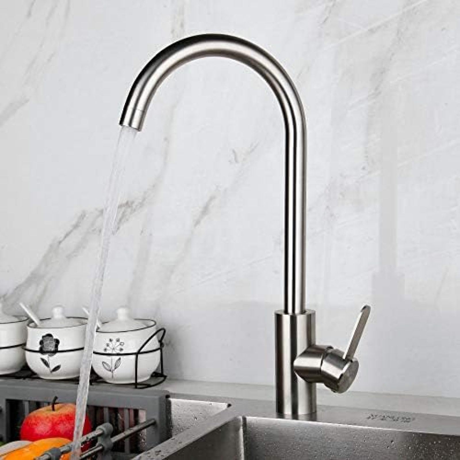 CRJUS 360° Rotating Kitchen Faucet with Free Soap Dispenser - Curved Spout Pull Down Sprayer, Single Handle Water Mixer Tap for Modern Kitchen Sink (Perfect for Washing Dishes, Filling Pots & Daily Kitchen Tasks)