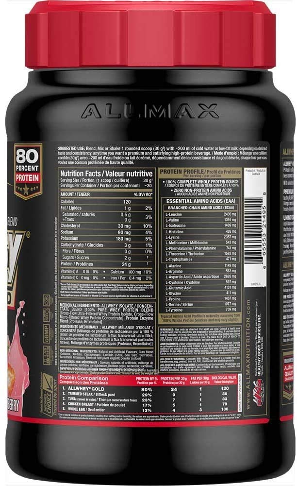 ALLMAX Nutrition Gold ALLWHEY Whey Protein Powder, Strawberry Flavor - 2 lb (907g) with 24g Protein Per Scoop | Gluten Free, Low Carb & Low Sugar | 30 Servings for Muscle Recovery & Post-Workout Nutrition