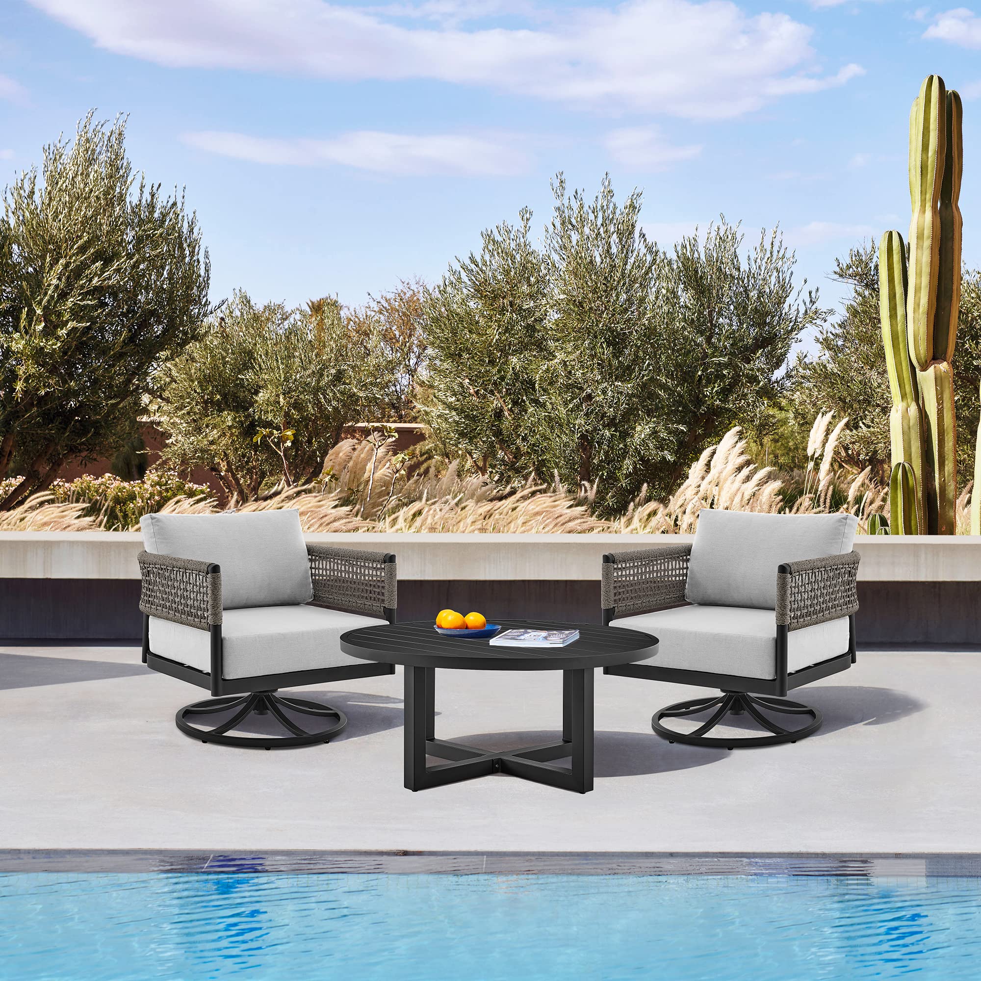 Armen Living Argiope Outdoor Round Coffee Table - Black Aluminum Patio Furniture for Garden, Poolside & Backyard Decor