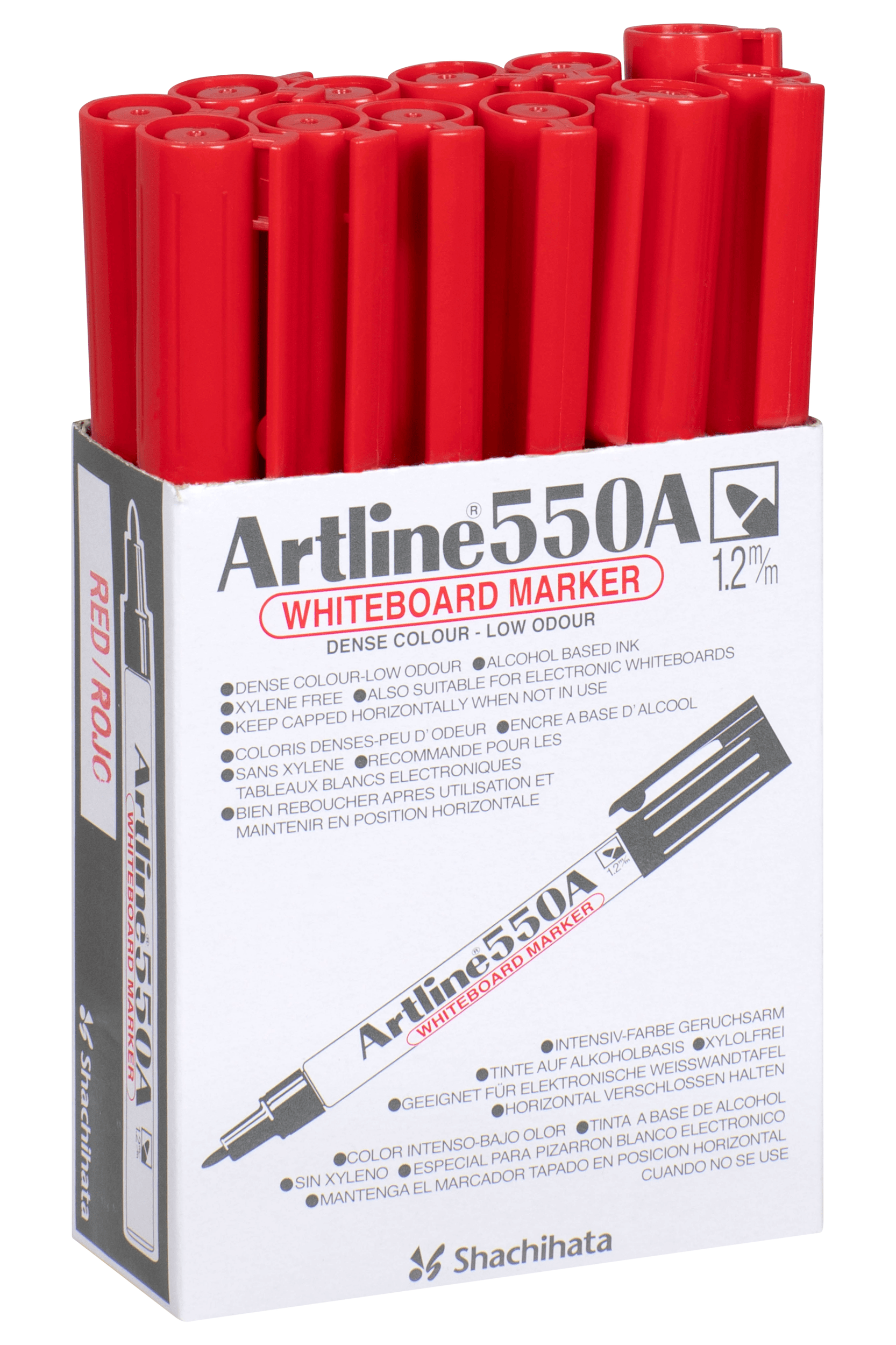 Artline 550A Whiteboard Markers - 12 Pack Red 1.2mm Bullet Tip Dry Erase Markers for Office, Classroom & Home Use - Non-Toxic & Low-Odor