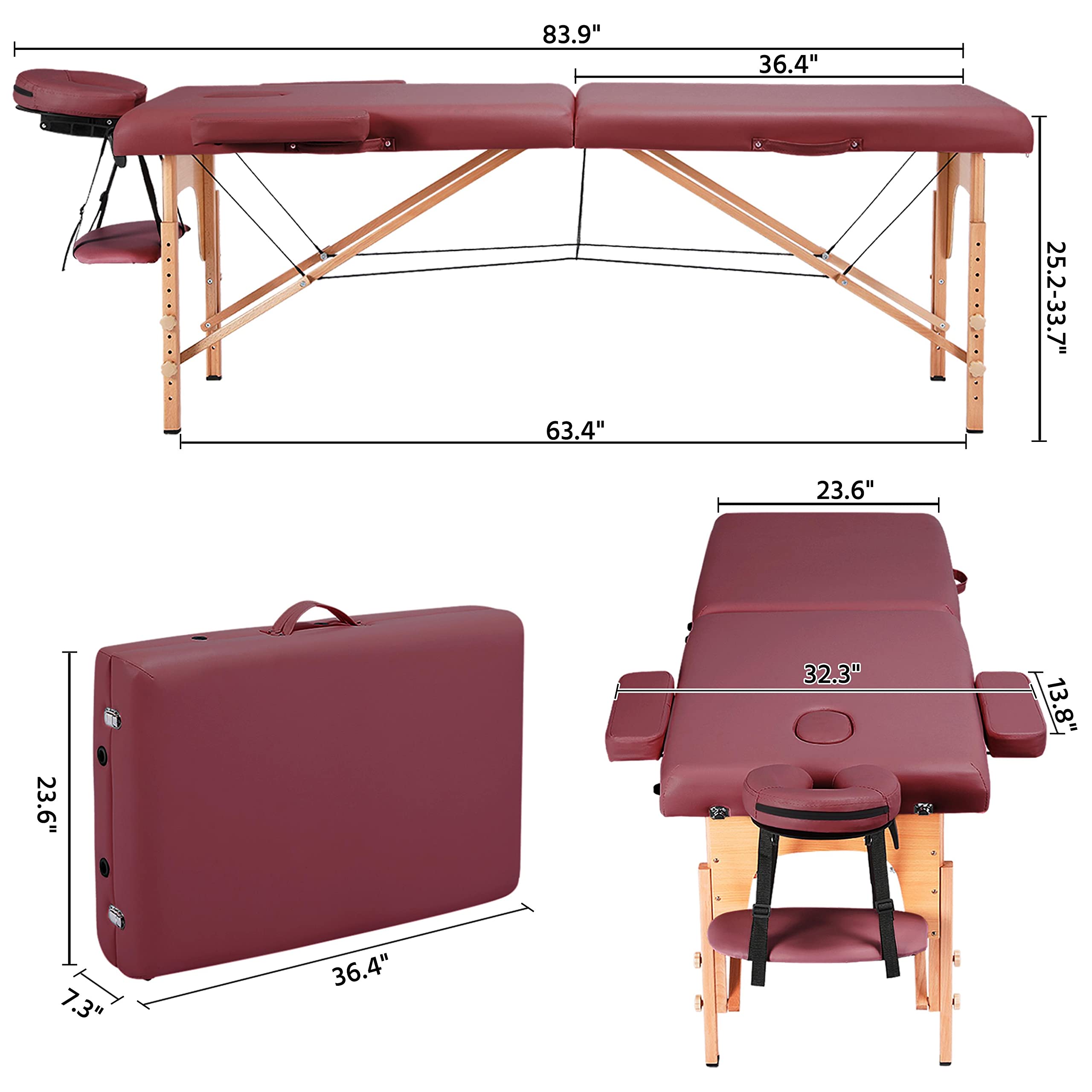 Yaheetech Portable Folding Massage Table - 24 Inch Adjustable Spa Bed for Lash Extensions & Facials w/ Non-Woven Carry Bag (Burgundy) | Perfect for Home Spa, Salon Professionals & Mobile Therapists
