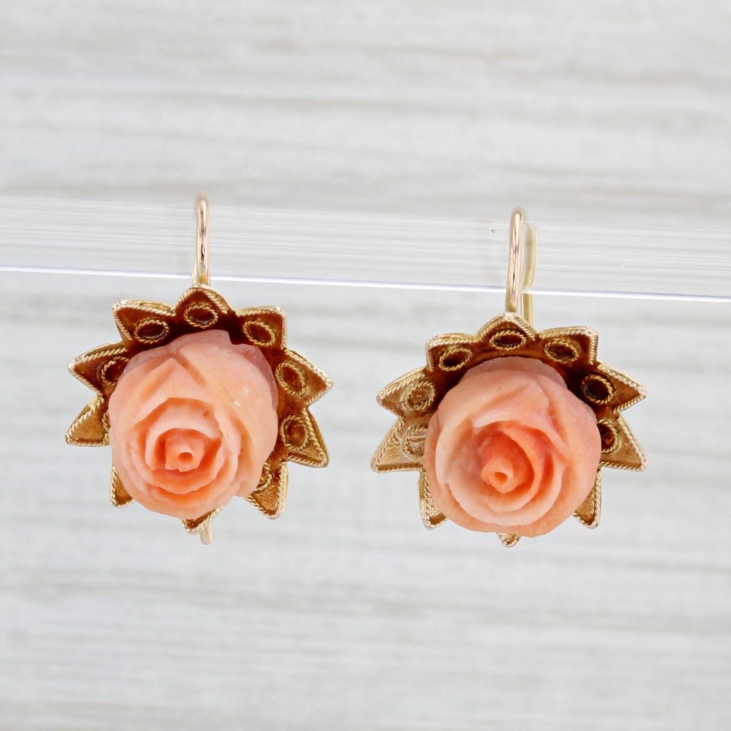 Antique Carved Coral Rose Flower Earrings 10k Yellow Gold Drops - Vintage Dangle Earrings for Women, Elegant Gift for Anniversary, Wedding, Party & Special Occasions