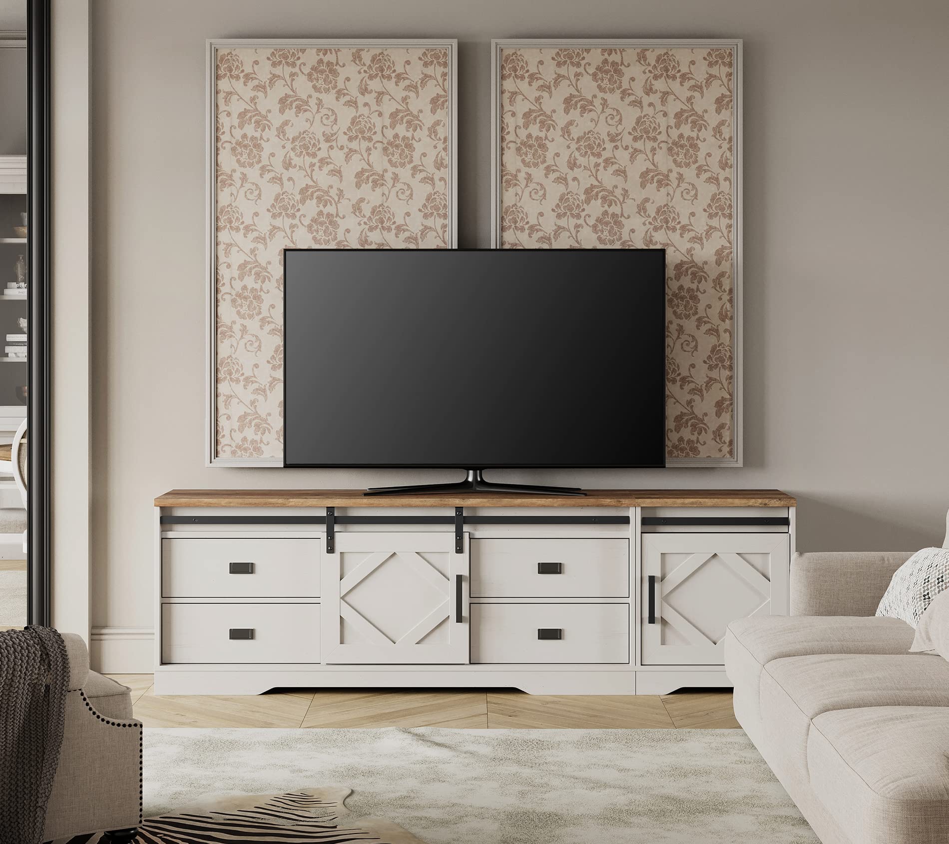 WAMPAT Modern Farmhouse 2-in-1 TV Stand for 85 Inch TVs - Wood Entertainment Center with Storage Drawers & Adjustable Shelves - Antique White Finish - Perfect for Living Room, Bedroom or Home Theater Setup