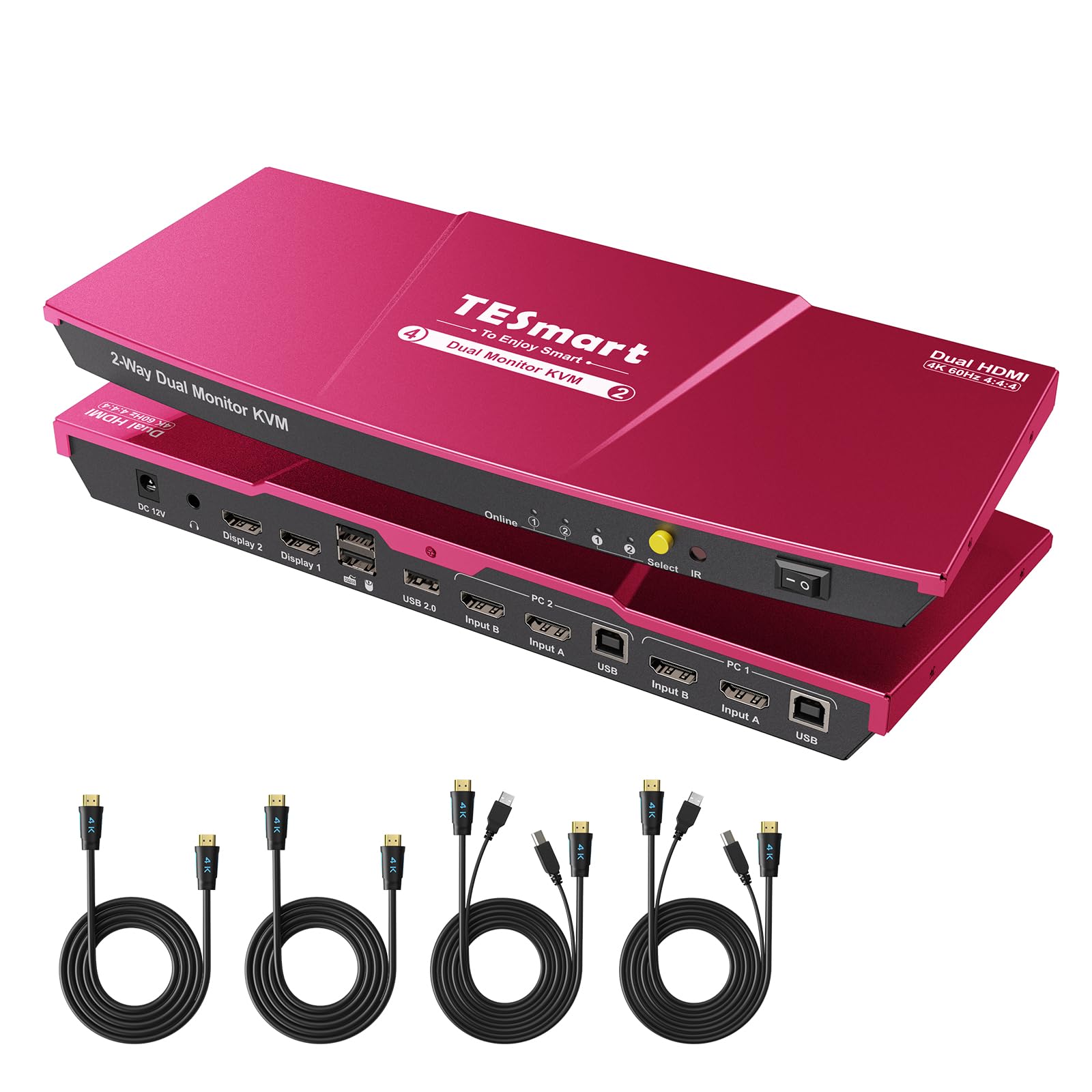 TESmart 4K 60Hz HDMI KVM Switch for 2 Computers & 2 Monitors - Dual Monitor KVM Switch with EDID Emulator, Audio Jack, Copy/Extend Modes | Enhanced Keyboard & Mouse Compatibility | Ideal for Home Office, Gaming Setup & Multi-PC Workstations