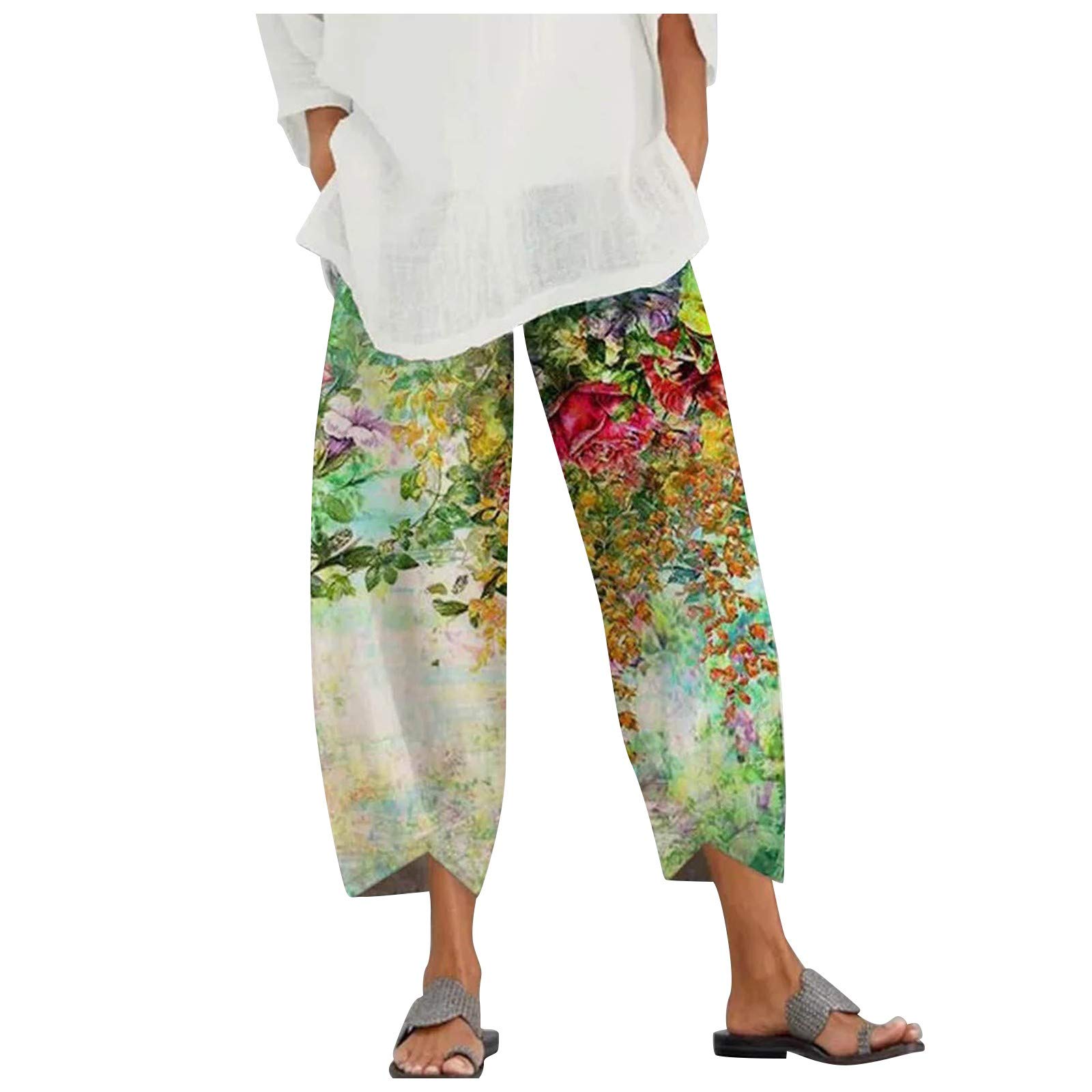 LINHUI Women's White Linen Capris - Cropped Relaxed Fit with Pockets, Casual Wide Leg Lightweight Summer Pants for Beach, Vacation & Everyday Wear