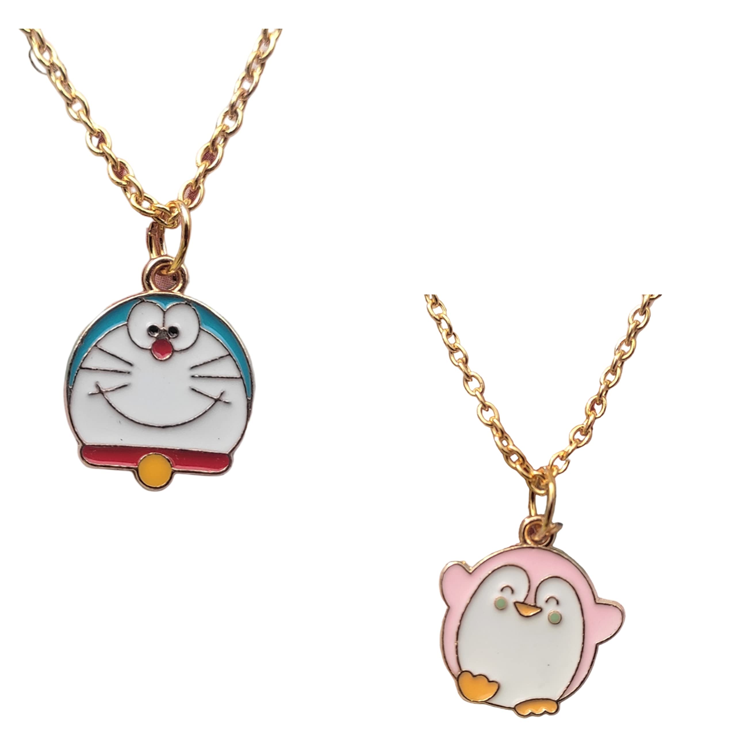 Cute Pendant Necklace for Kids, Girls & Women - Pack of 2 (Pink Penguin & Doremon) | Fashion Jewelry Gift for Birthday, Christmas & Everyday Wear
