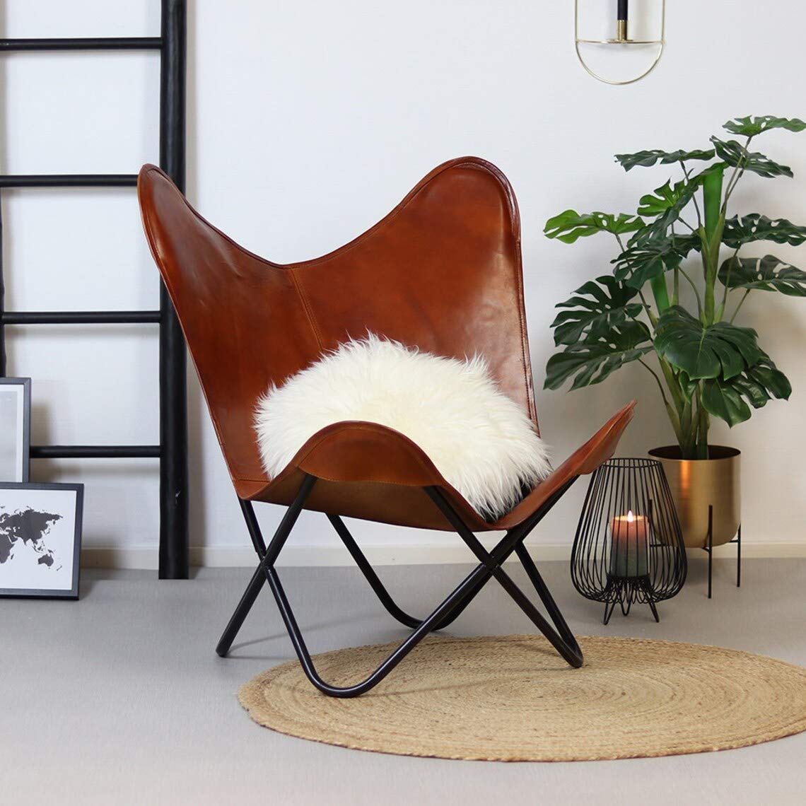 Tan Leather Butterfly Chair with Black Metal Base - Modern Living Room Accent Chair for Lounge, Patio, or Bedroom - Iron Frame & Premium Leather Cover - Stylish & Comfortable Seating
