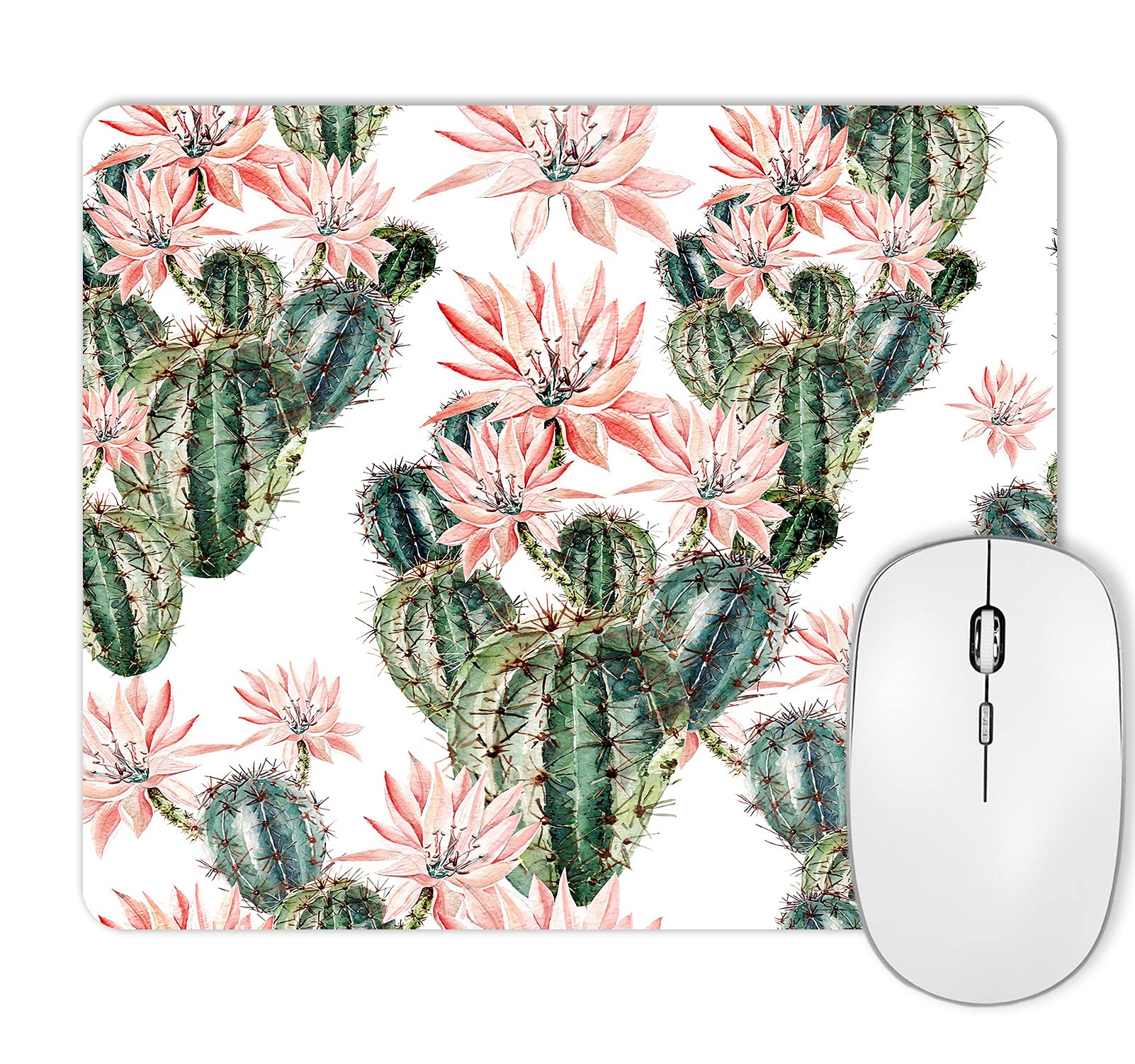 HUOCAIREN Pink Flower Cactus Mouse Pad - Soft Non-Slip Rectangle Desk Mat for Laptop & Computer - Cute Succulent Plant Design for Women, Girls, Kids - Perfect for Office, Gaming & Home Workspace (White)