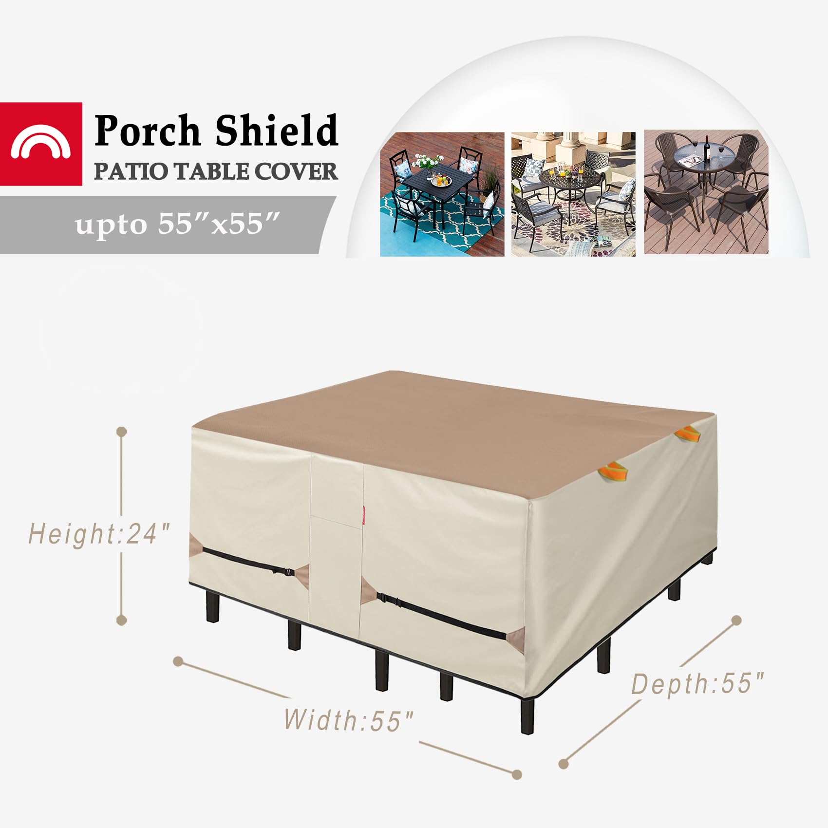 Waterproof 55 x 55 Inch Square Patio Table Cover - Porch Shield Outdoor Dining Furniture Protector for Chairs & Table Set in Light Tan & Khaki - Ideal for Backyard, Deck, and Garden Use