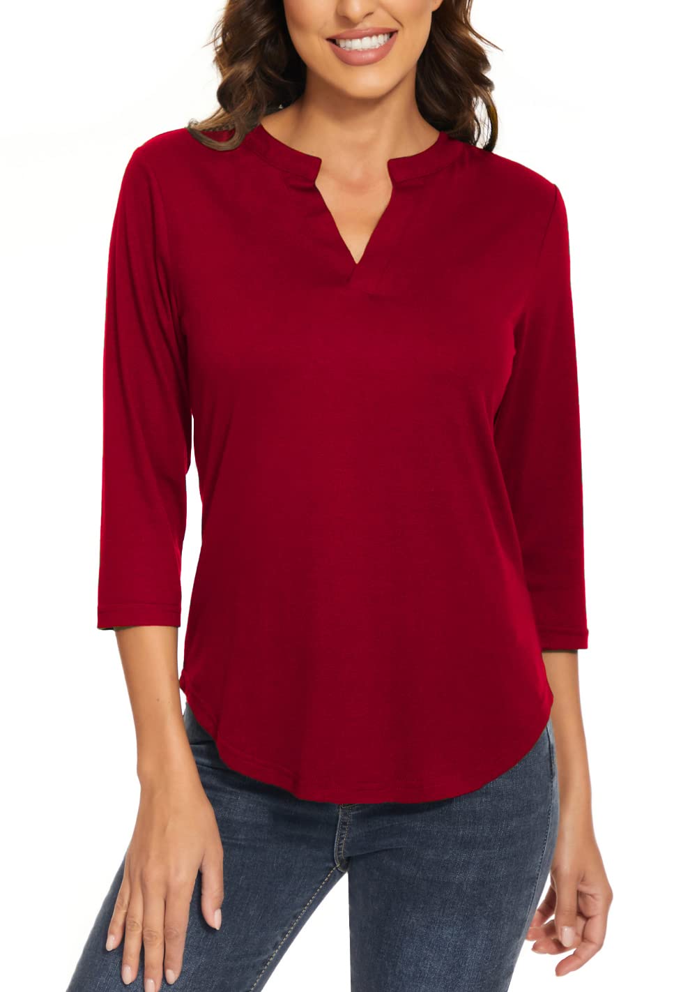 Women's 3/4 Sleeve V-Neck Collared T-Shirts - Work Blouses & Casual Tops for Office, Business & Everyday Wear