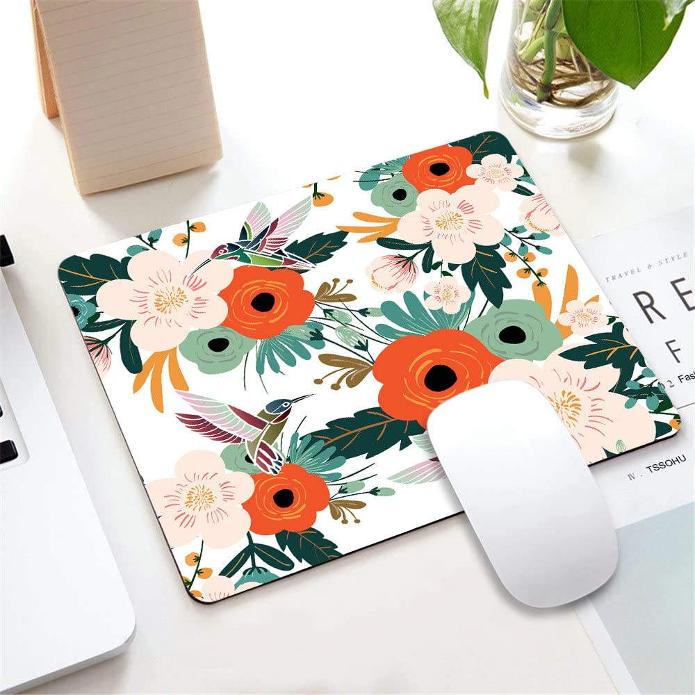 Boho Floral Mouse Pad with Hummingbird Design - Non-Slip Rubber Base Square Mouse Mat for Office & Laptop (9.5