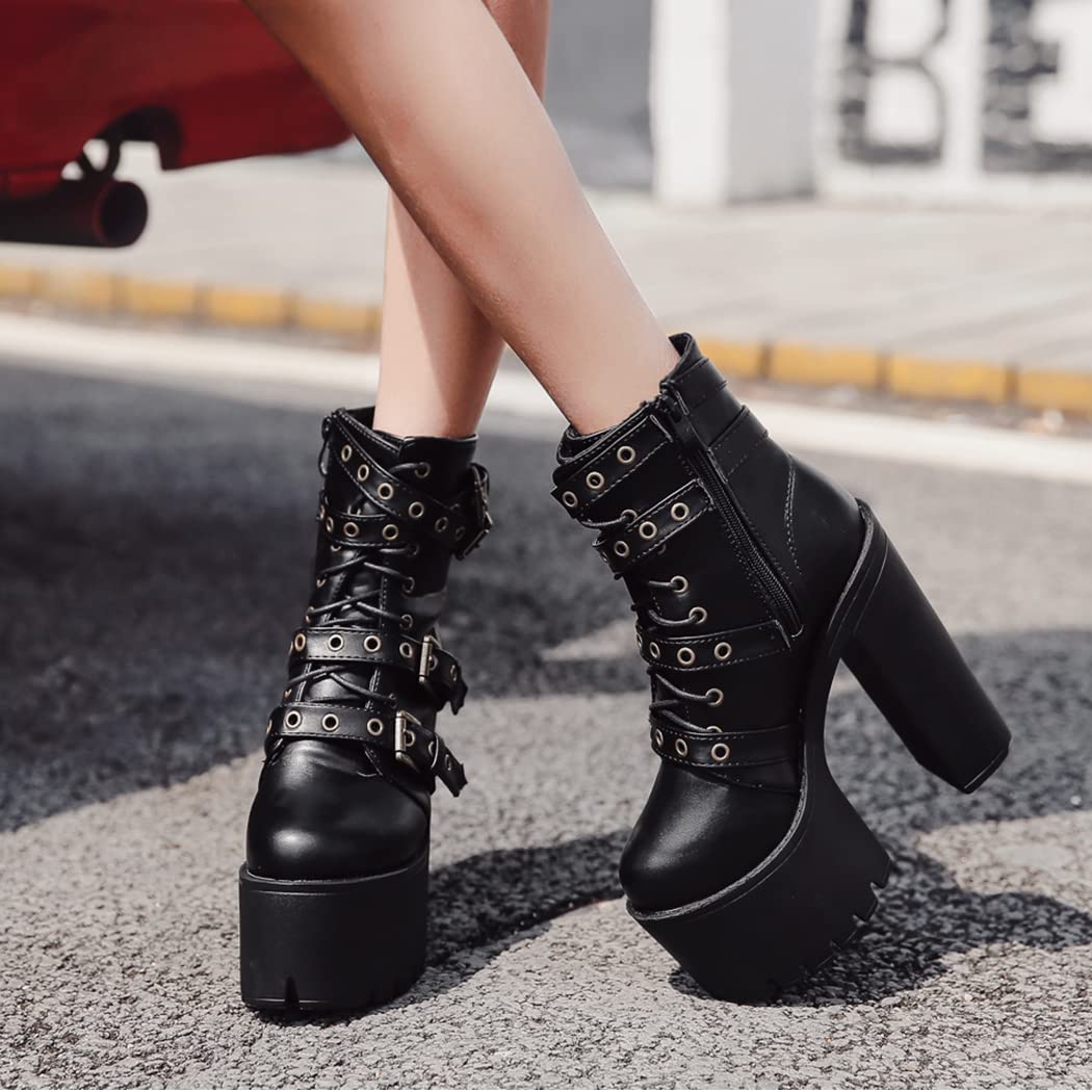 Women's Gothic Style Platform Combat Boots with Ankle Strap - Chunky High Heel Shoes for Plus Size | Perfect for Punk Fashion, Night Out & Cosplay